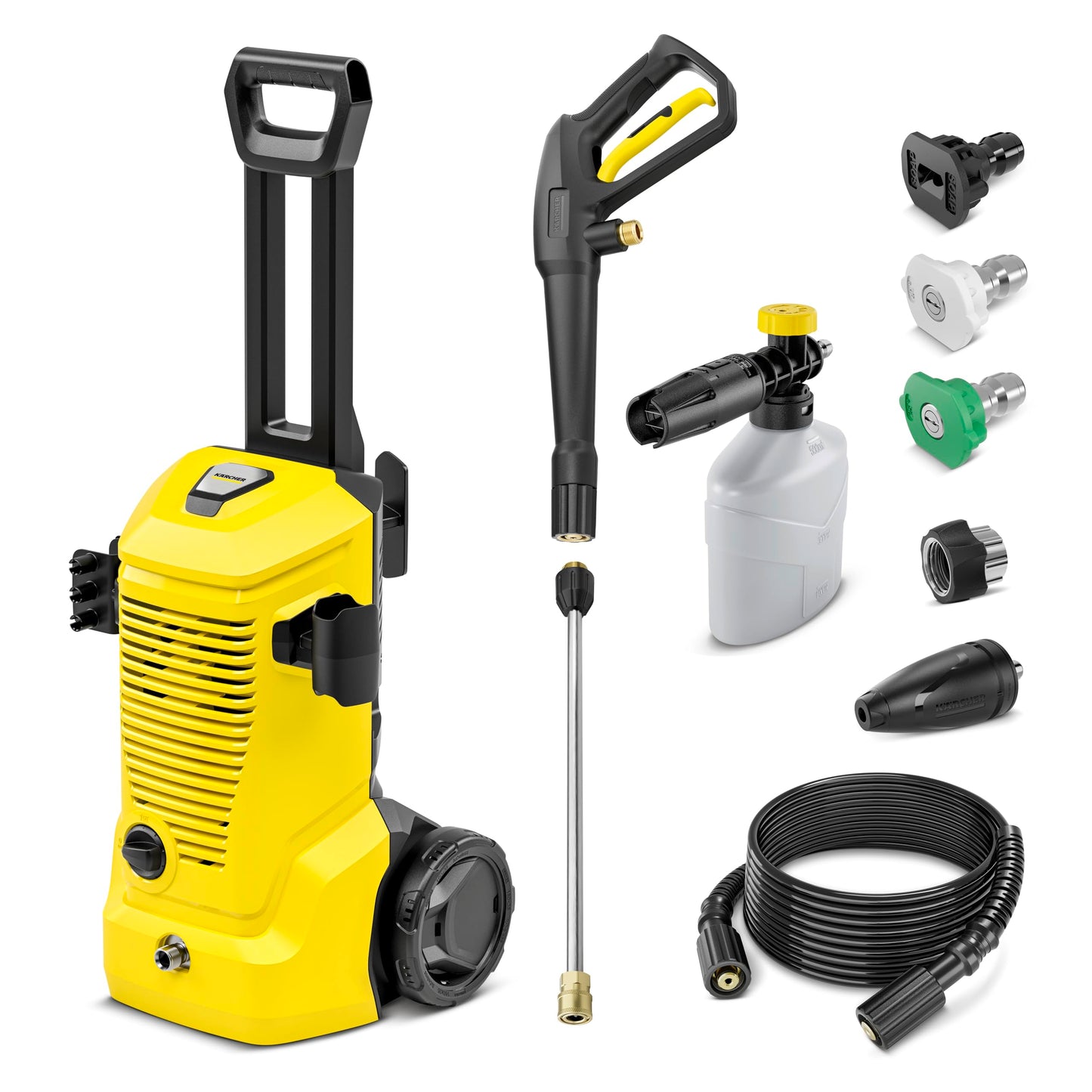 Kärcher K 4 Foam Cannon 1900 PSI Electric Pressure Washer with Turbo Nozzle and Large Wheels for All-Terrain Home Maintenance and Foam Cannon for Vehicle Cleaning