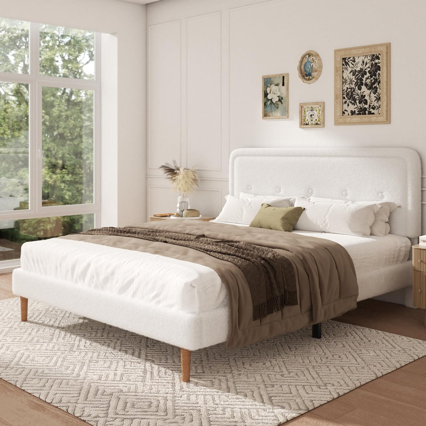 wirpexhowak King Size Boucle Bed Frame with Adjustable Headboard, Cloud Boucle Upholstered Platform Bed Frame, Rounded Corners Design & Easy Assembly, Box Spring Optional, Noise Free, White