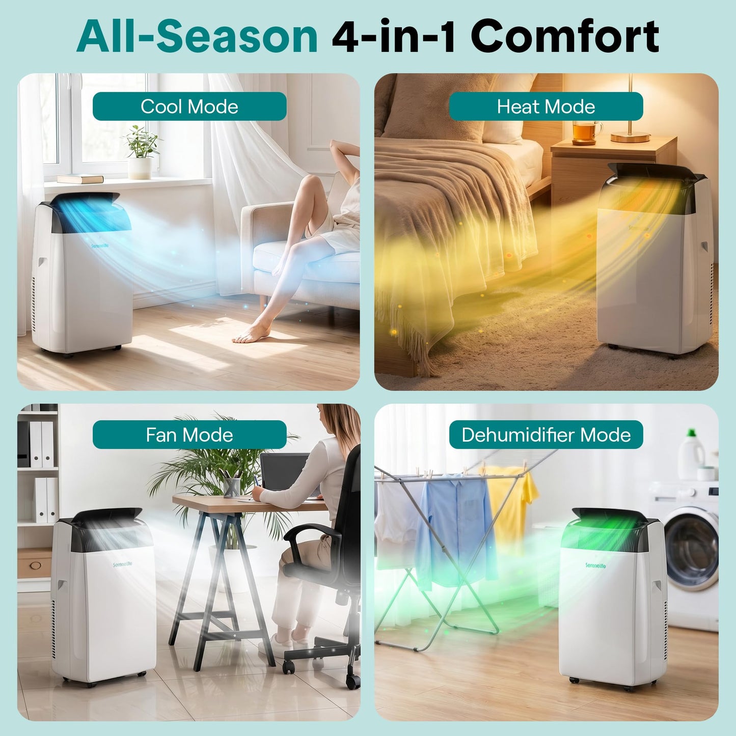 SereneLife 14,000 BTU Portable Air Conditioner with Dehumidifier, Heat, & Fan | Wi-Fi Enabled Portable AC Unit for Wide Area Climate Control | Compact Standing Air Conditioner with Window Kit