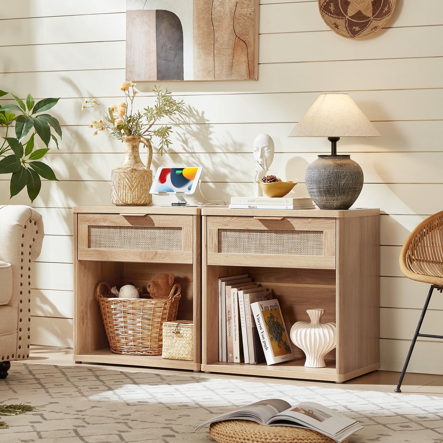 LEYAOYAO Rattan Nightstands Set of 2 with Charging Station, 23" Wide Boho Night Stand with Drawer, Natural Wood Bedside Table Open Cabinet, Bed Side End Table Dresser for Bedroom, Living Room, Hallway