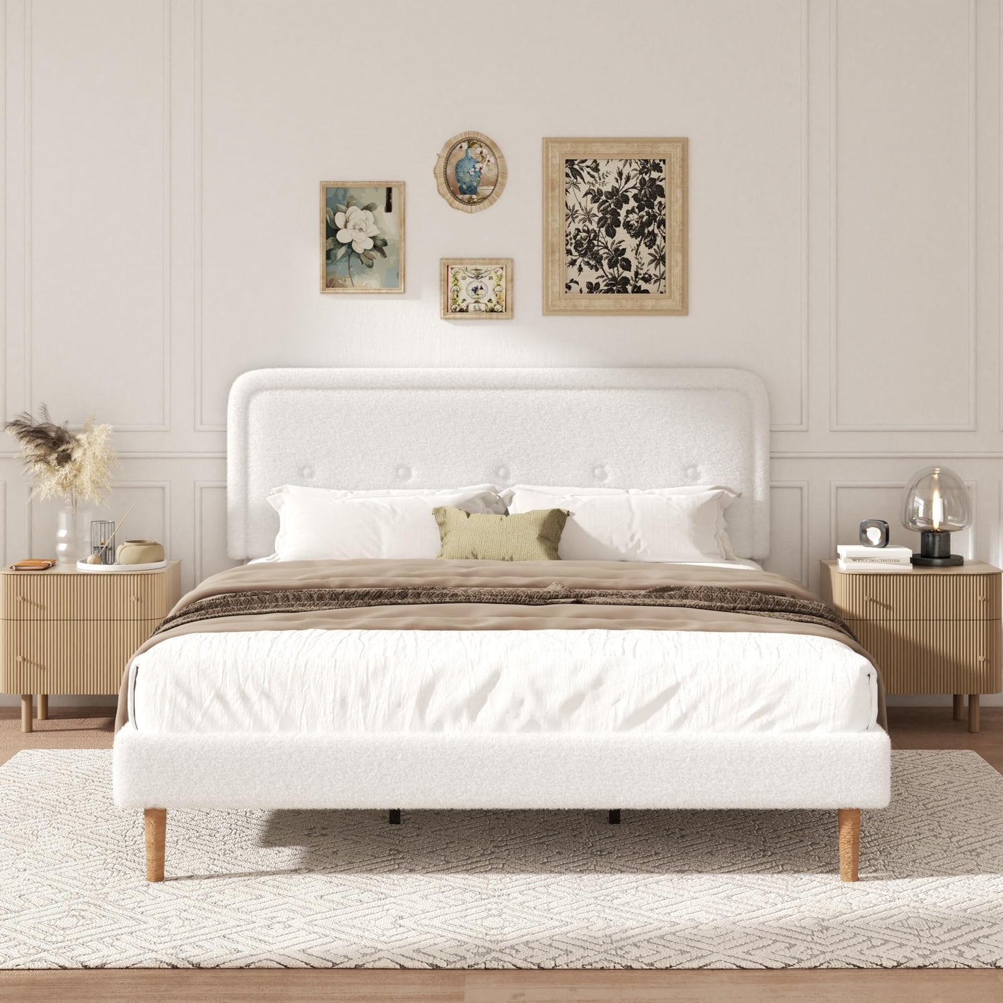 wirpexhowak King Size Boucle Bed Frame with Adjustable Headboard, Cloud Boucle Upholstered Platform Bed Frame, Rounded Corners Design & Easy Assembly, Box Spring Optional, Noise Free, White