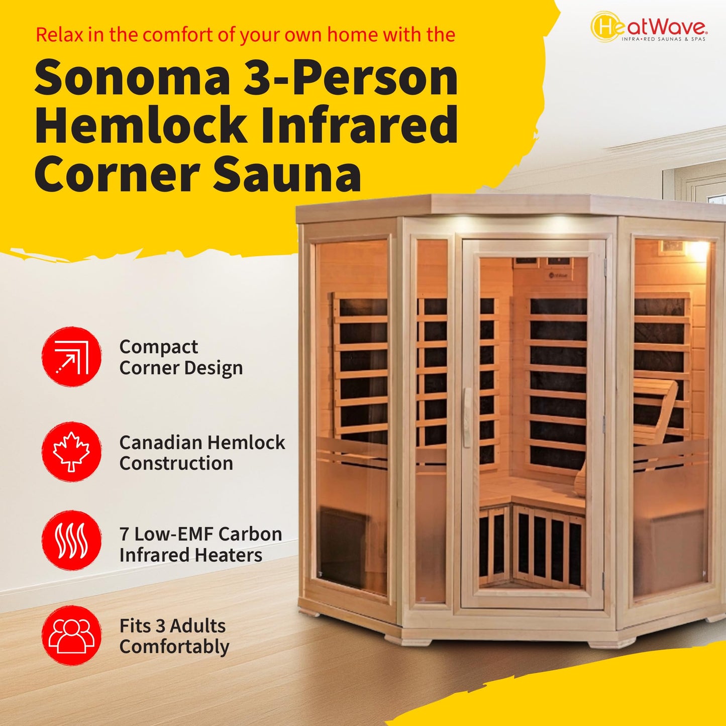 Heat Wave Sonoma 3 Person Corner Infrared Wood Sauna for Home - Thick Hemlock Interior with Chromotherapy Light & 7 Carbon Infrared Heaters for Energy-Efficient, Low EMF Infrared Sauna Relaxation