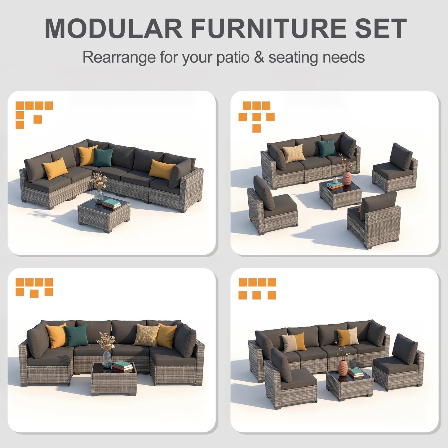 Kamsly 7 Piece Outdoor Patio Furniture Sets, Modular Wicker Sectional Sofa, Patio Conversation Sets with Glass Coffee Table for Backyard, Porch, Garden, Poolside (Grey PE Rattan + Dark Grey Cushions)