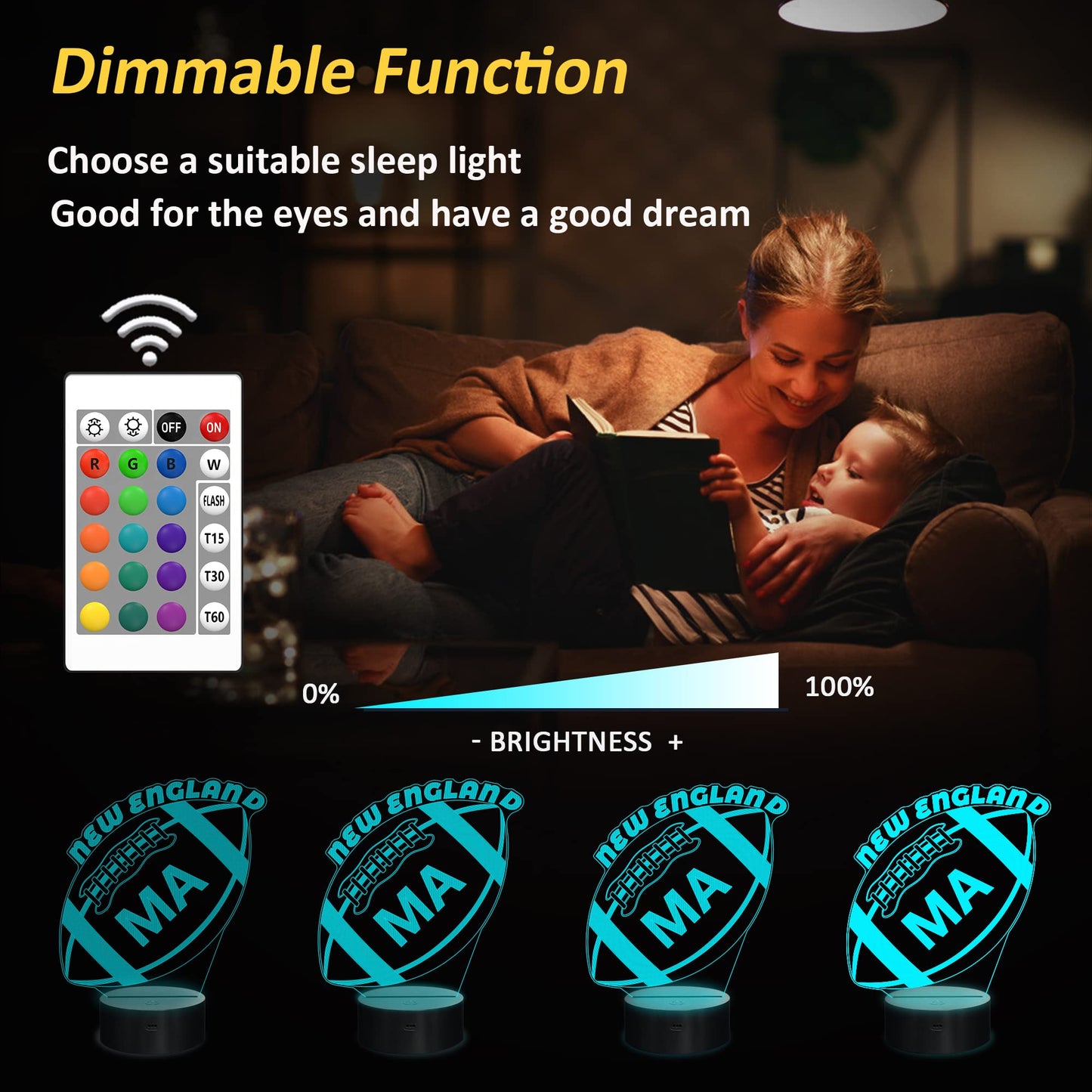 Lightzz 3D Football Night Light, Remote Control, 16 Colors, Acrylic, New England Multicoloured, Model FS-XXXYYY