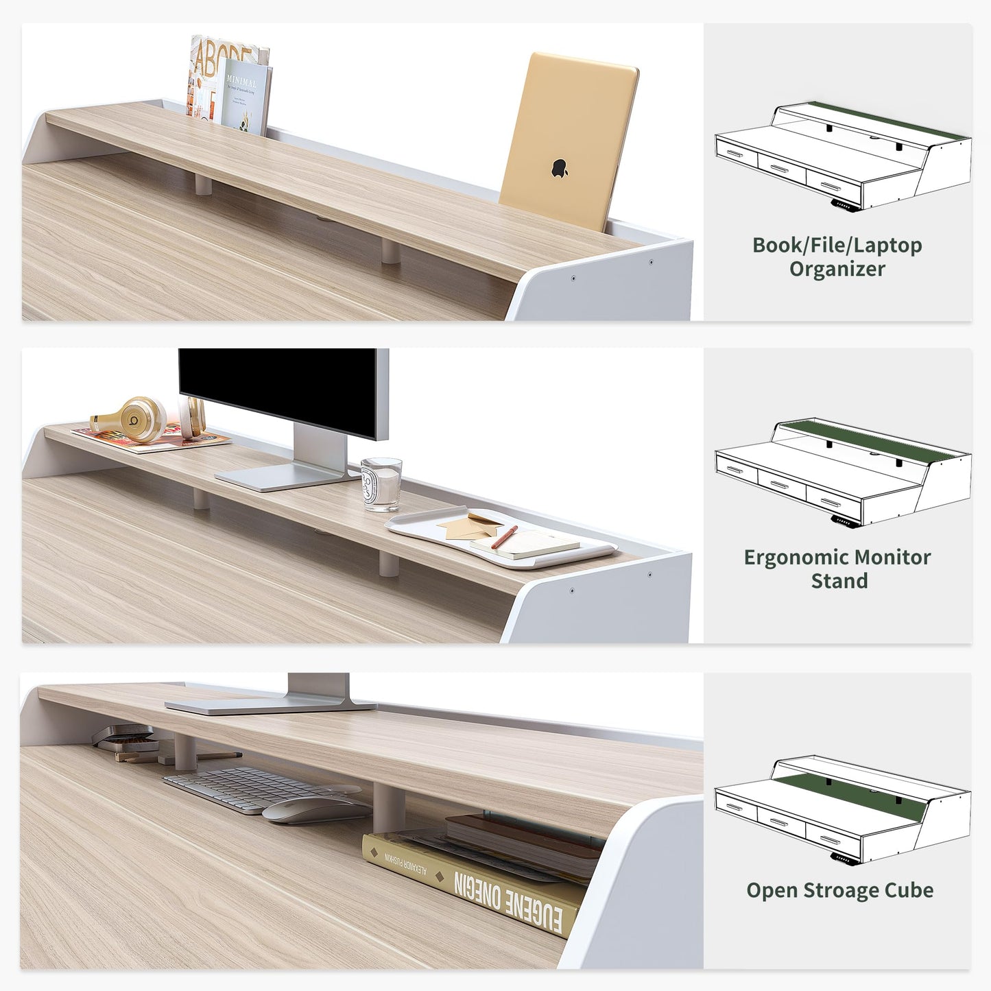 CubiCubi Standing Desk 55x26 Inches with 3 Wood Drawers and Monitor Shelf, Ergonomic Rising Home Office Desks, Height Adjustable Computer Desk, Sit Stand Up Electric Workstation Table, Pale Walnut