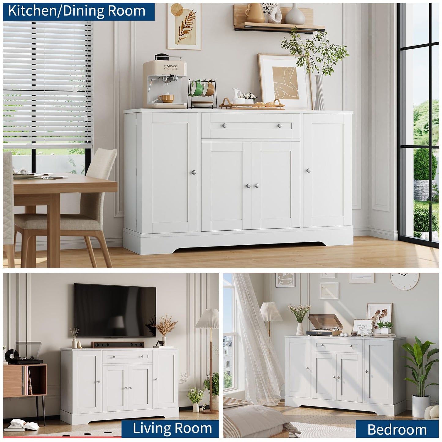 MegaChoice Modern Sideboard Buffet Cabinet with Storage, 55 in Wood Coffee Bar Cabinet with Drawer, Shelves & Door Shelves, Buffet Table Credenzas for Kitchen Dining Room Living Room, White