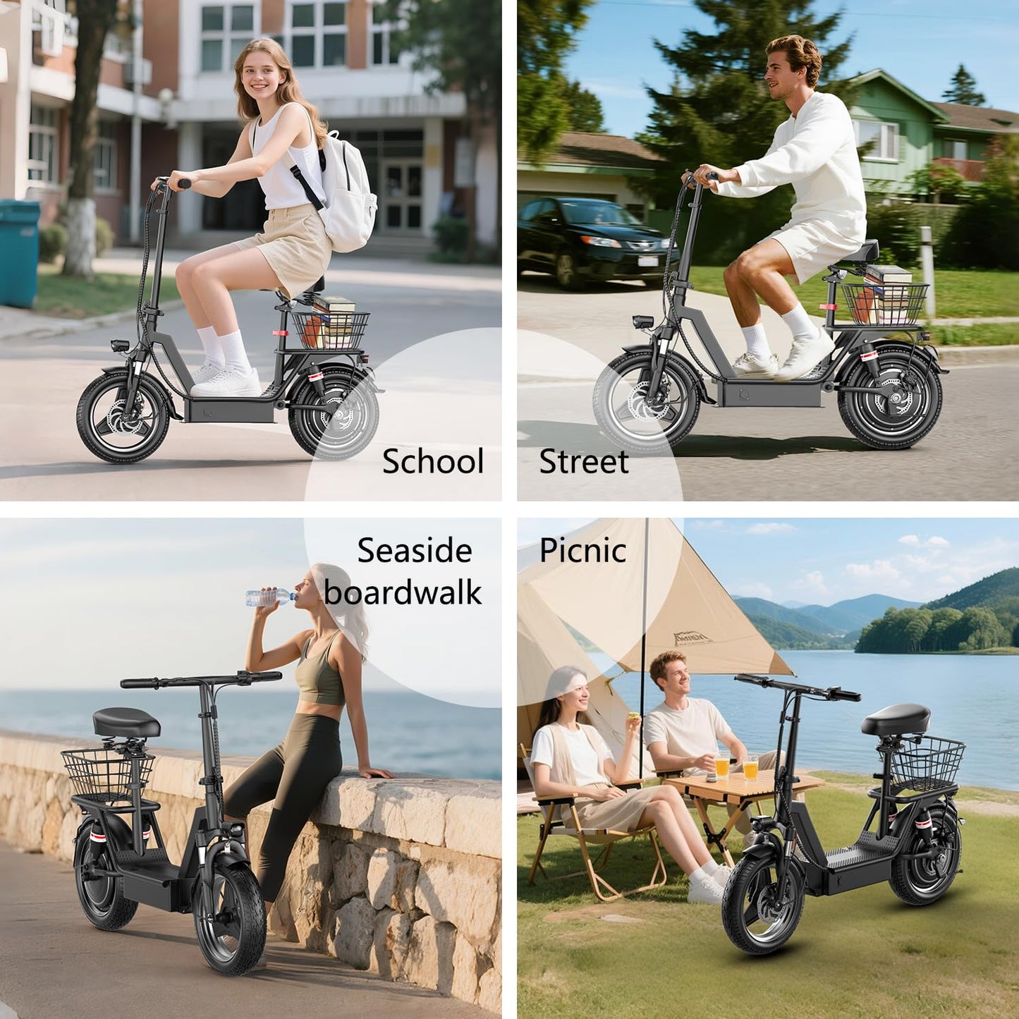 Electric Scooter Adults with Seat, 1000W Peak Motor, 35 Miles Range, 25MPH Top Speed, 14" Foldable E-Scooter with Seat and Basket for Cargo, Dual Suspension for Commuting