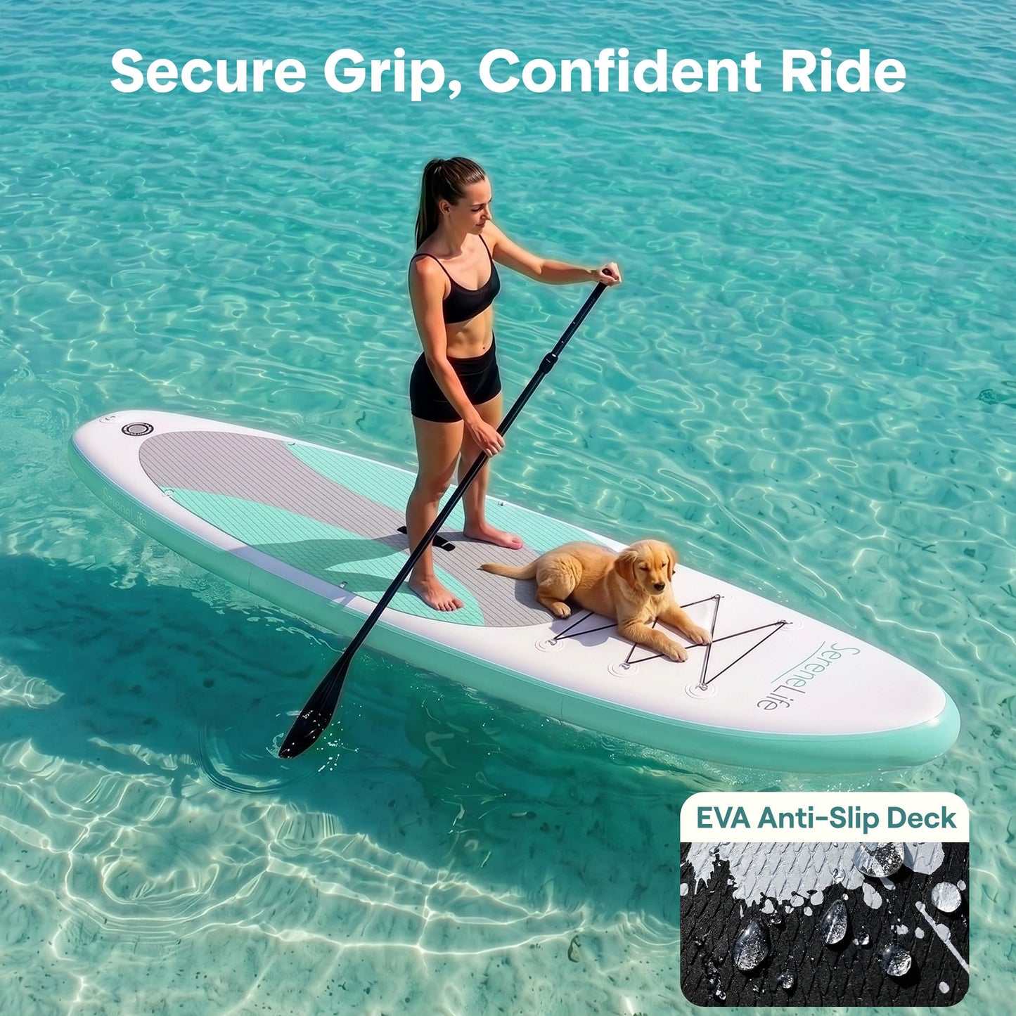 SereneLife 10’ Inflatable Stand Up Paddle Board with Premium SUP Accessories - 32” Wide Stable Design with Non-Slip EVA Deck Pad, for Youth and Adults, 350 lbs. Capacity