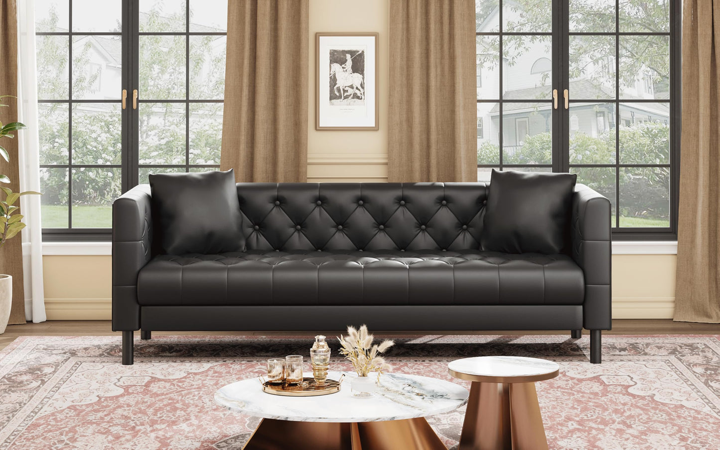 GarveeTech Modern Leather Sofa 81", Chesterfield Style 3 Seater Couch with Deep Seat, Hand-Tufted Button Quilting, Vintage Couch for Living Room, Apartment, Office