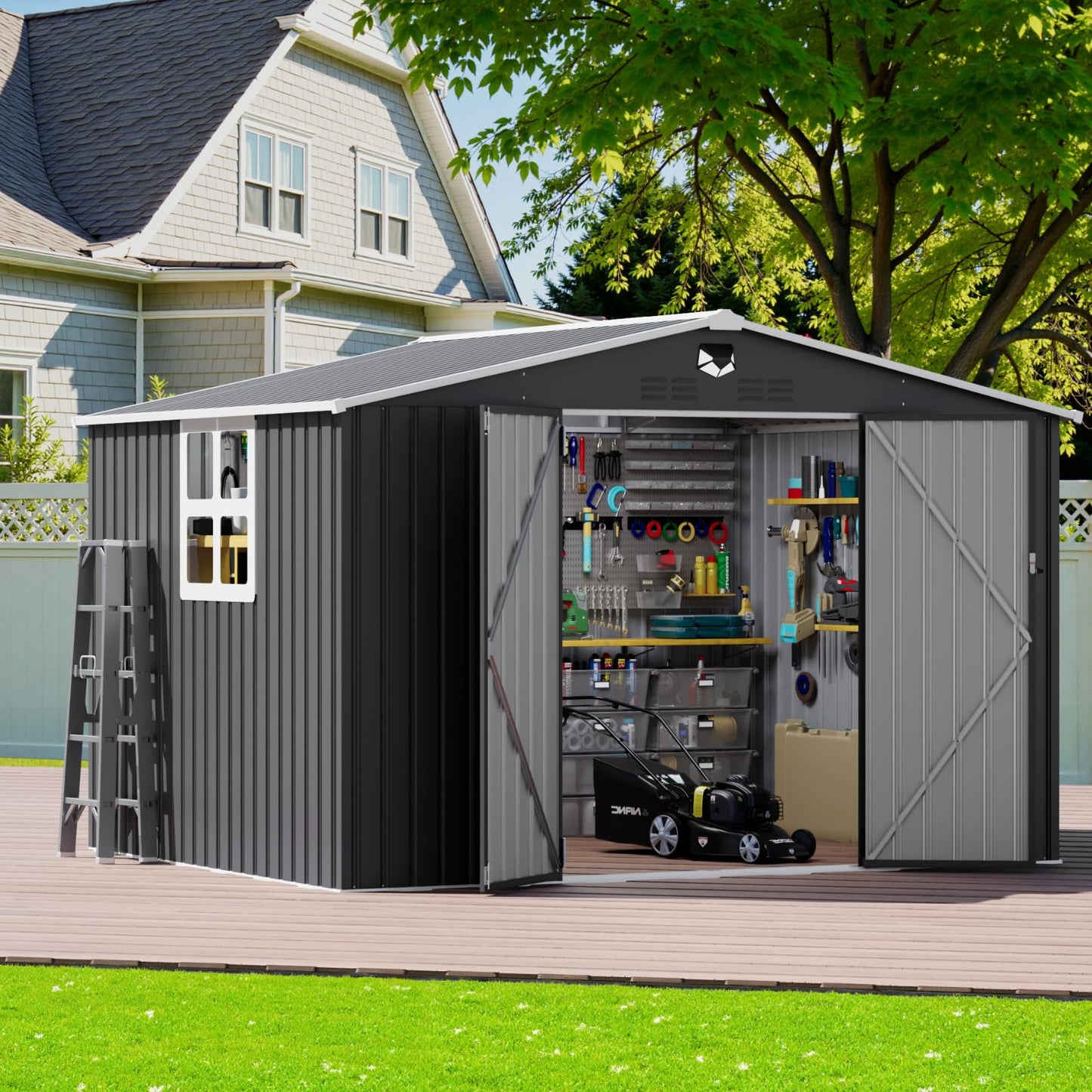 Softkiss 10x8 FT Outdoor Storage Shed, Metal Garden Shed - Tool Storage Sheds with Lockable Doors & 1 Clear Window, Waterproof Outside Storage Building for Backyard, Patio (Black; Floor Not Included)
