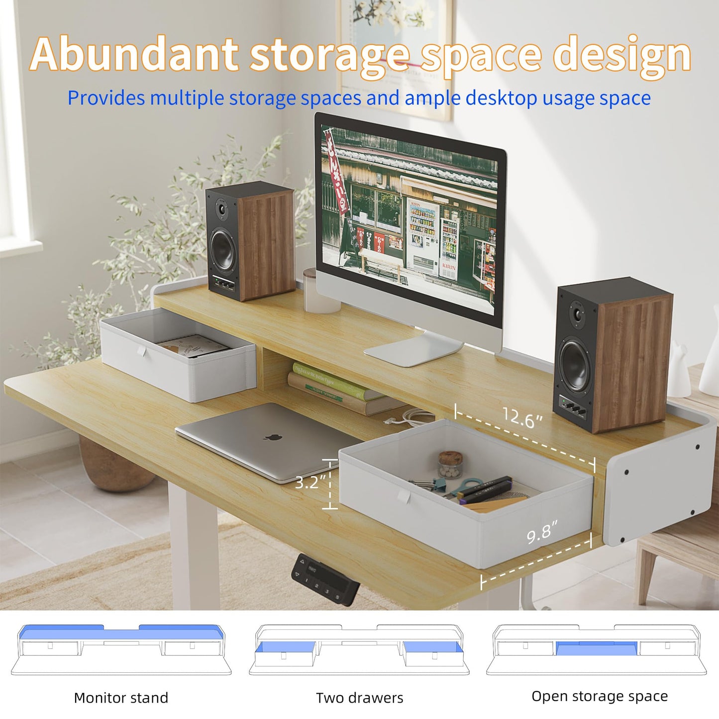 YIHAYO Low Height Adjustable Desk with Drawers, Lifts 18.1-28.3 Inches, Electric Standing Desk with Storage Shelf for Short People, 48 x 24 Inches Table with Splice Board for Home Office, Natural