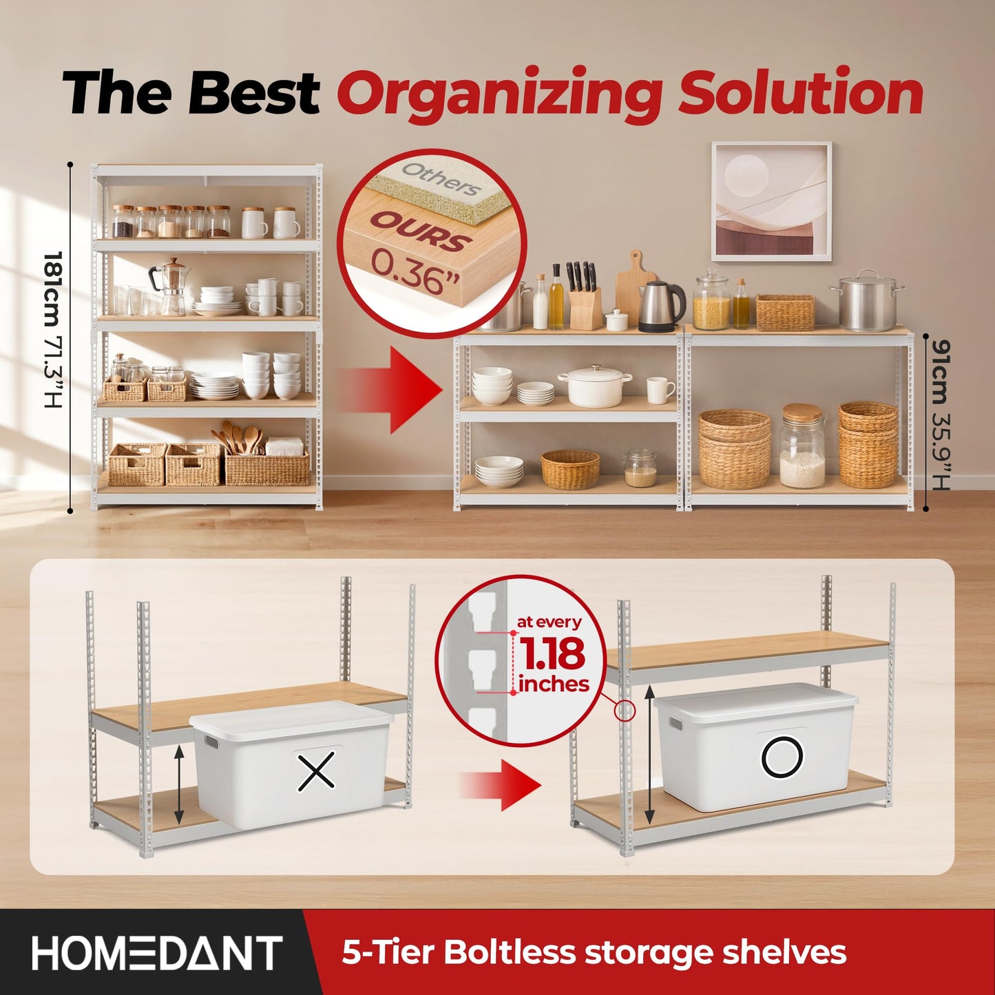HOMEDANT 47.7" W Deep 5 Tier Heavy Duty Garage Shelving Adjustable Metal Rack Storage Shelves Standing Shelf Unit Organizers Industrial Warehouse Basement White 1Pack
