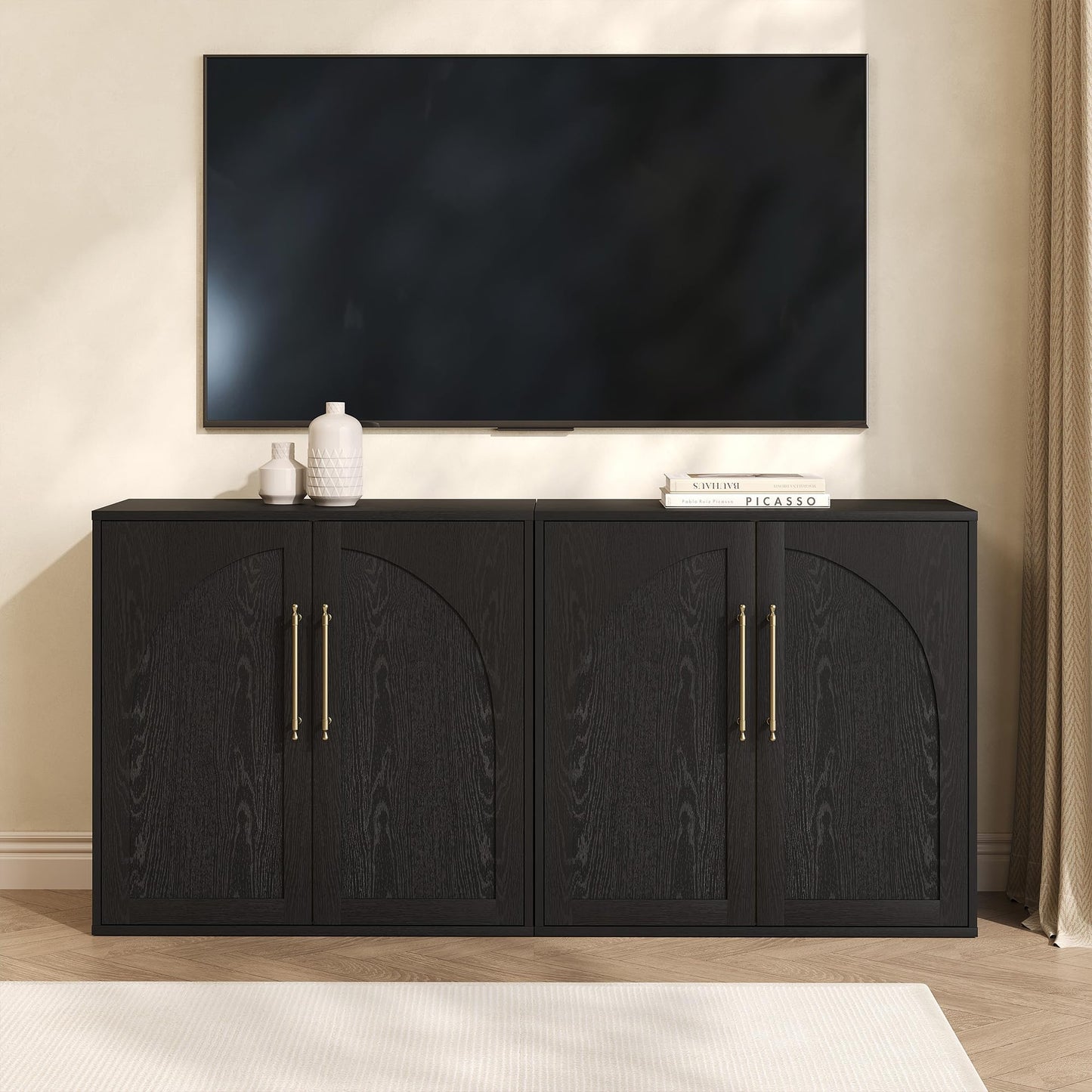 Garvee Arched Storage Cabinet with 2 Adjustable Shelves, Small Modern Farmhouse Sideboard Buffet Cabinet, Media Console Credenza with Anti-Tip Kit, for Living Room, Kitchen, Coffee Bar (Set of 2)