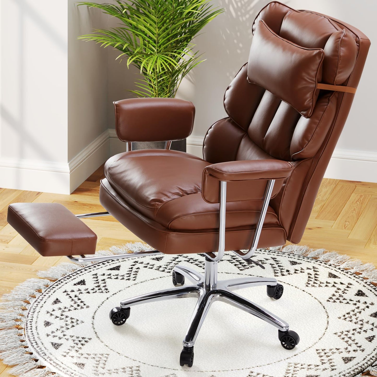 DUMOS Home Office Desk Executive Chair - Ergonomic Big Tall High Back with Footrest & Lumbar Support, Reclining Height Adjustable, Comfy PU Leather Computer Gaming with Swivel Wheels, Brown