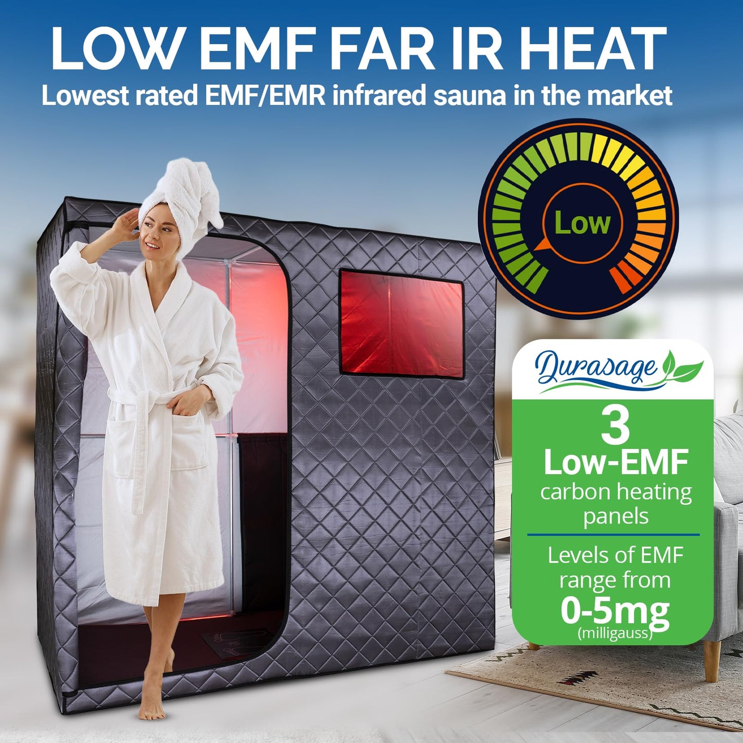 Durasage Portable Full Size Infrared Sauna for at Home Ultra Low EMF Infrared Panels LED Lighting, Heating Foot Pad, Ceramic Heat Fan (2-Person), Gray, Updated Version