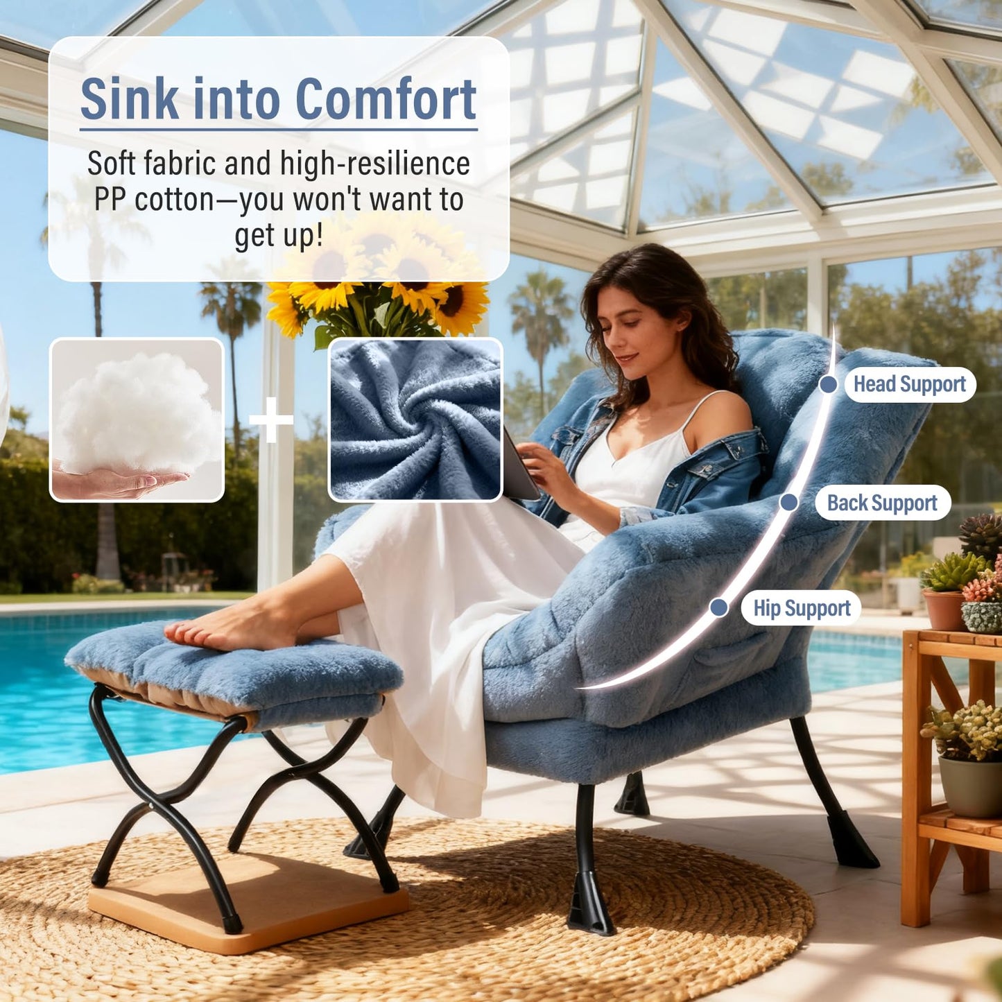Furlide Lazy Chair with Ottoman, Modern Accent Chair with Armrests and a Side Pocket, Plush Light Blue Accent Chairs, Reading Chairs, Oversized Armchairs for Bedroom, Study, Living Room, Courtyard