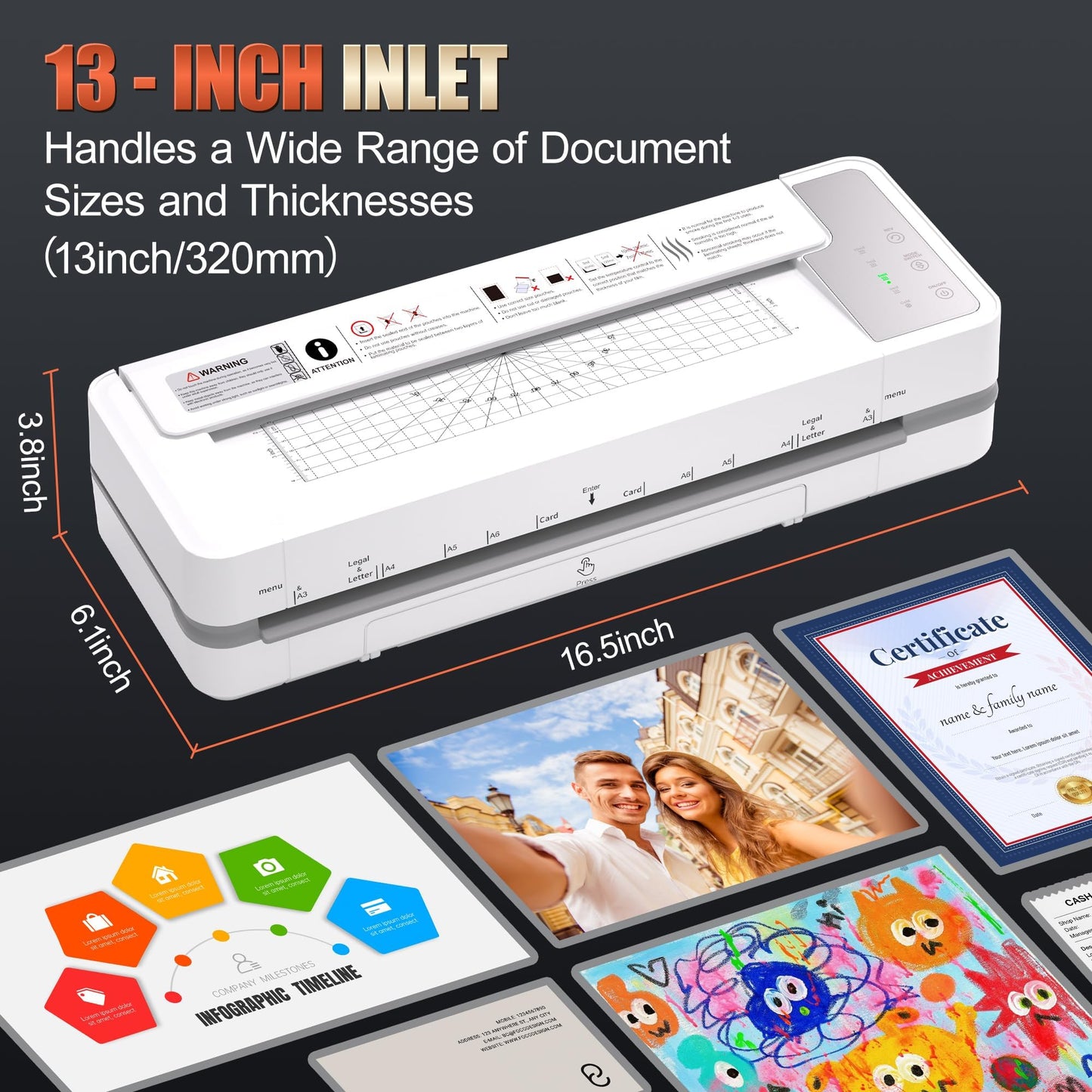 13" Heavy-Duty 4-Roller Laminator Machine, Fast 55s Warm-Up, 3-10 Mil A3/11x17 Laminating Machine, 1000mm/min Speed, Auto-Reverse Jam Prevention, Includes 30-Sheets for Office & School(White)