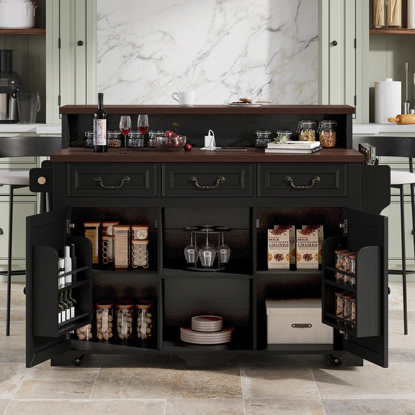 Merax 53.2" Two-Tier Kitchen Island with Storage, Farmhouse Kitchen Island with Power Outlet, 4 Door Shelves, Adjustable Shelves, 3 Drawers, Rolling Island Table, Bar Cabinet for Kitchen, Ash Black