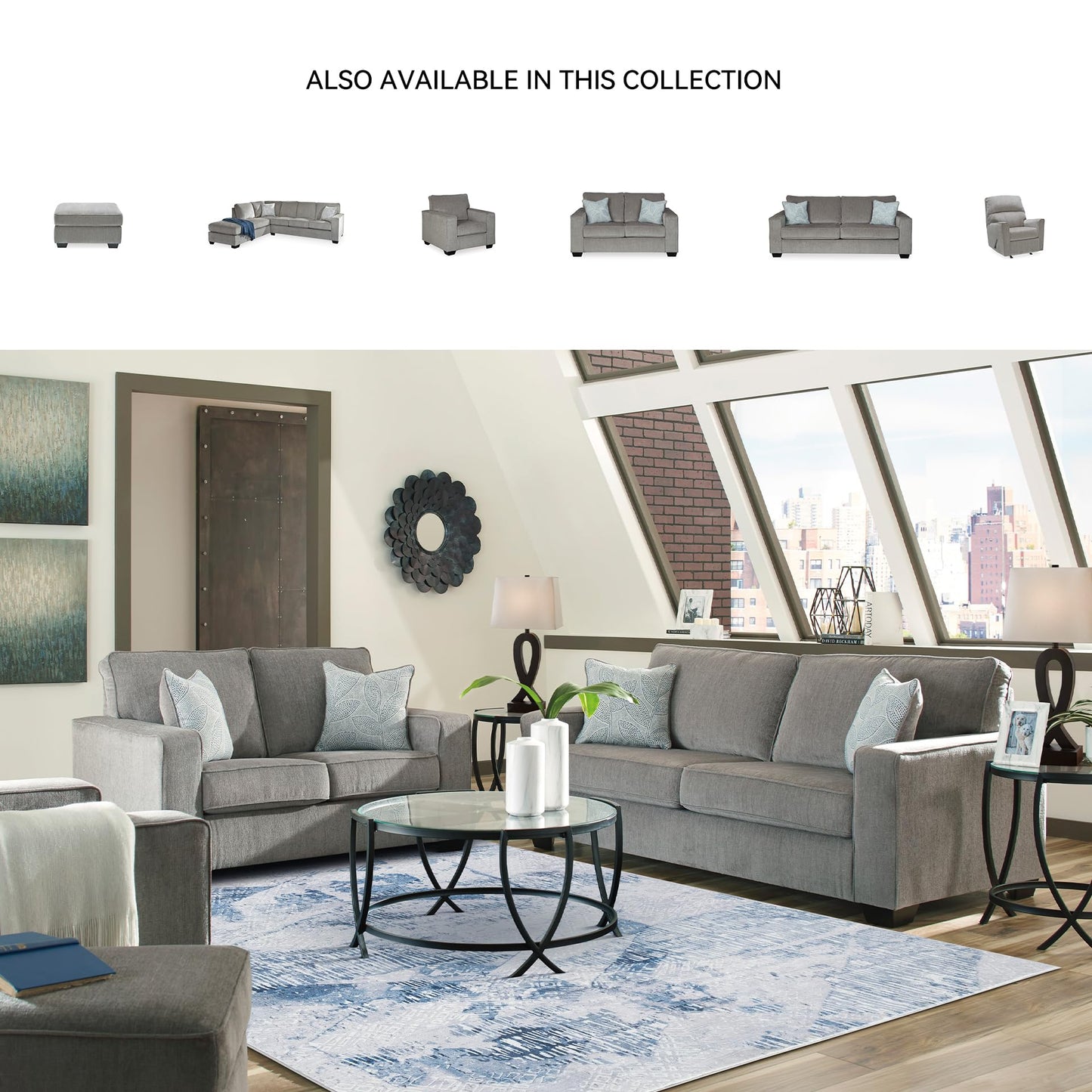 Signature Design by Ashley Altari Modern Loveseat with 2 Accent Pillows, Light Gray