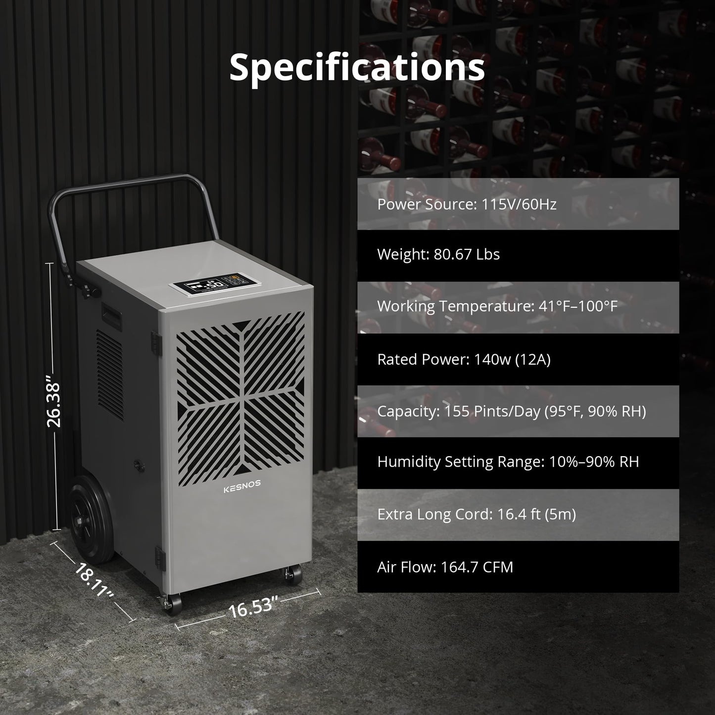 Kesnos 155 Pints Commercial Dehumidifier with Pump – Dehumidifier with Drain Hose and 24-Hour Timer in Large Spaces Up to 7,500 Sq. Ft. – Ideal for Basement, Industrial Space and Job Site