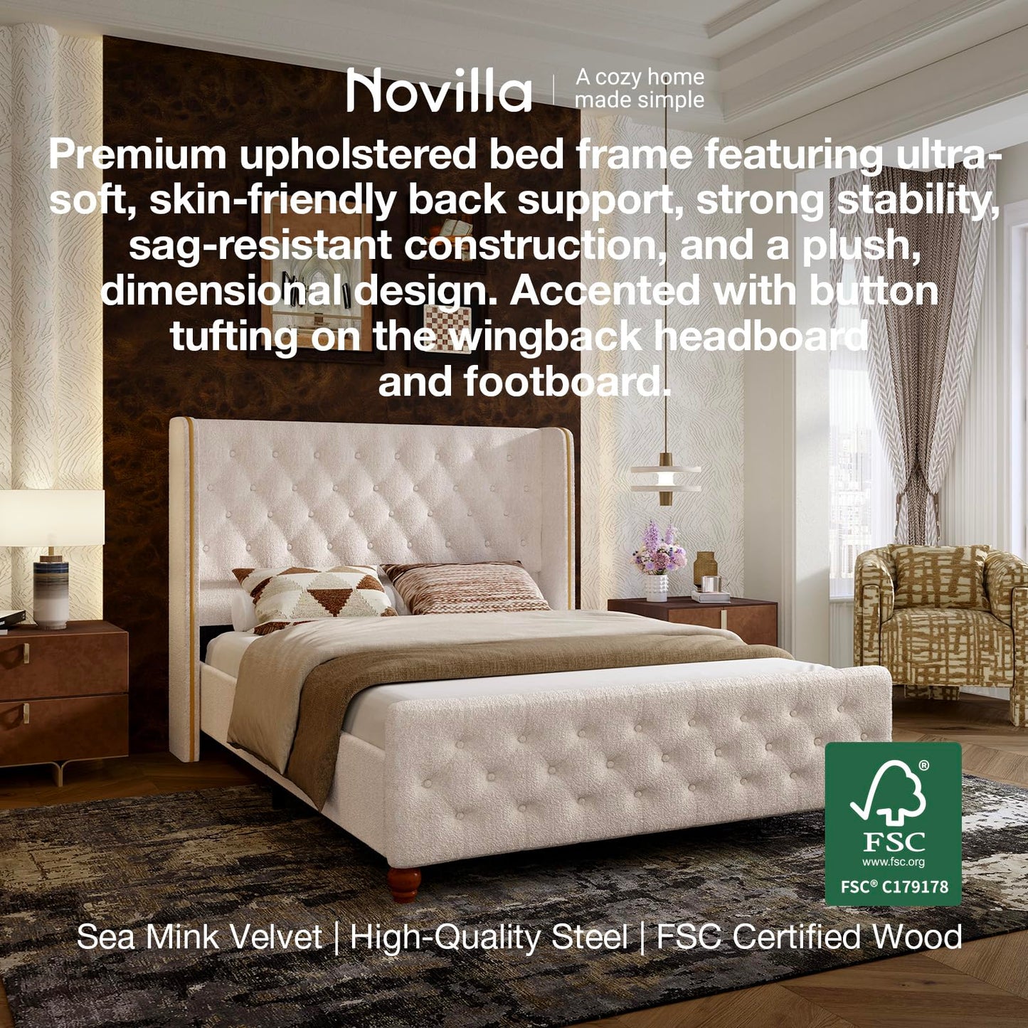 Novilla Bed Frame Queen Size, Queen Bed Frame with Headboard, Sea-Lion Velvet Upholstered Tall Queen Bed Frame with Wingback and Footboard, Button Tufted/No Box Spring Needed/Heavy Duty Feet/Cream