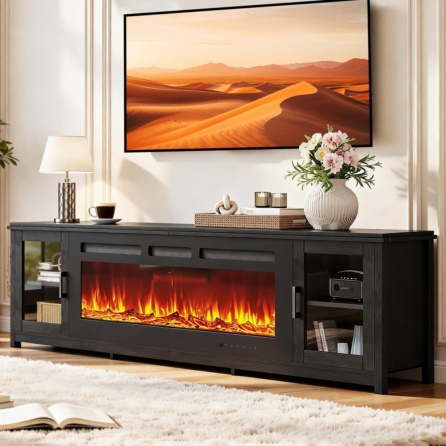 OneBlis 80" Fireplace TV Stand, Modern 50" Smart Fireplace Fire Place TV Console, Adjustable Entertainment Center with 12-Color LED Lights, for Living Room, Black