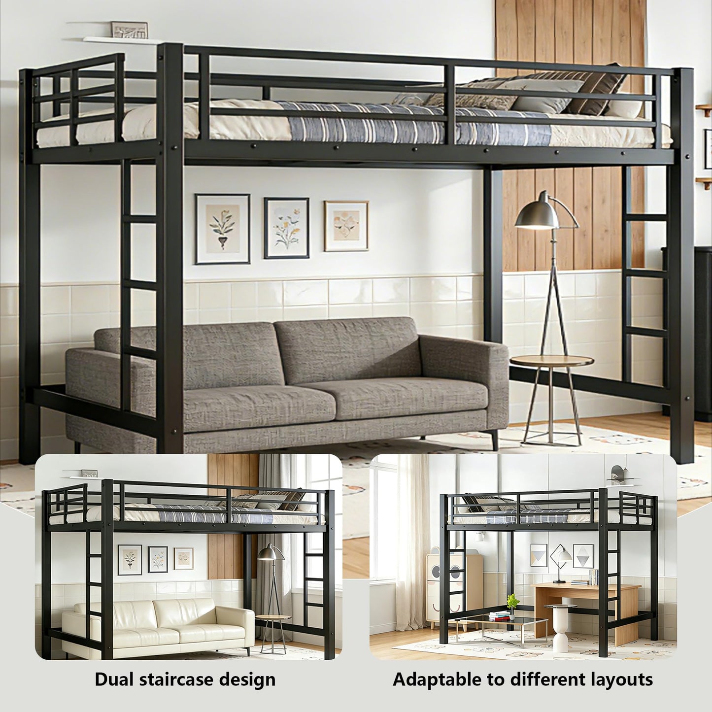 Bellemave Full Size Metal Loft Bed Frame with 2 Ladders, High Guardrail & Sturdy Iron Construction, Space-Saving Adult Loft Bed for Dorms, Safe for Kids, Teens, No Box Spring Needed, Black