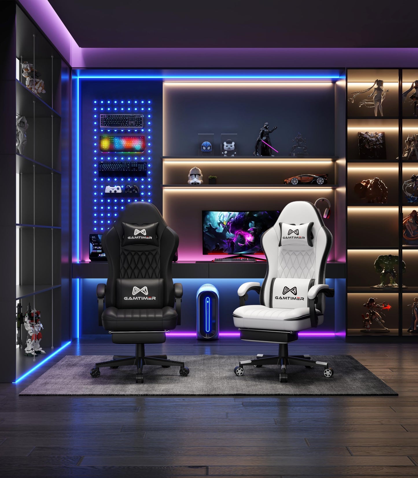 Gamtimer Gaming Chair with Footrest, Ergonomic Computer Chair, PU Breathable Material with Headrest and Lumbar Support, Suitable for Silla Gamer and Adults (White)