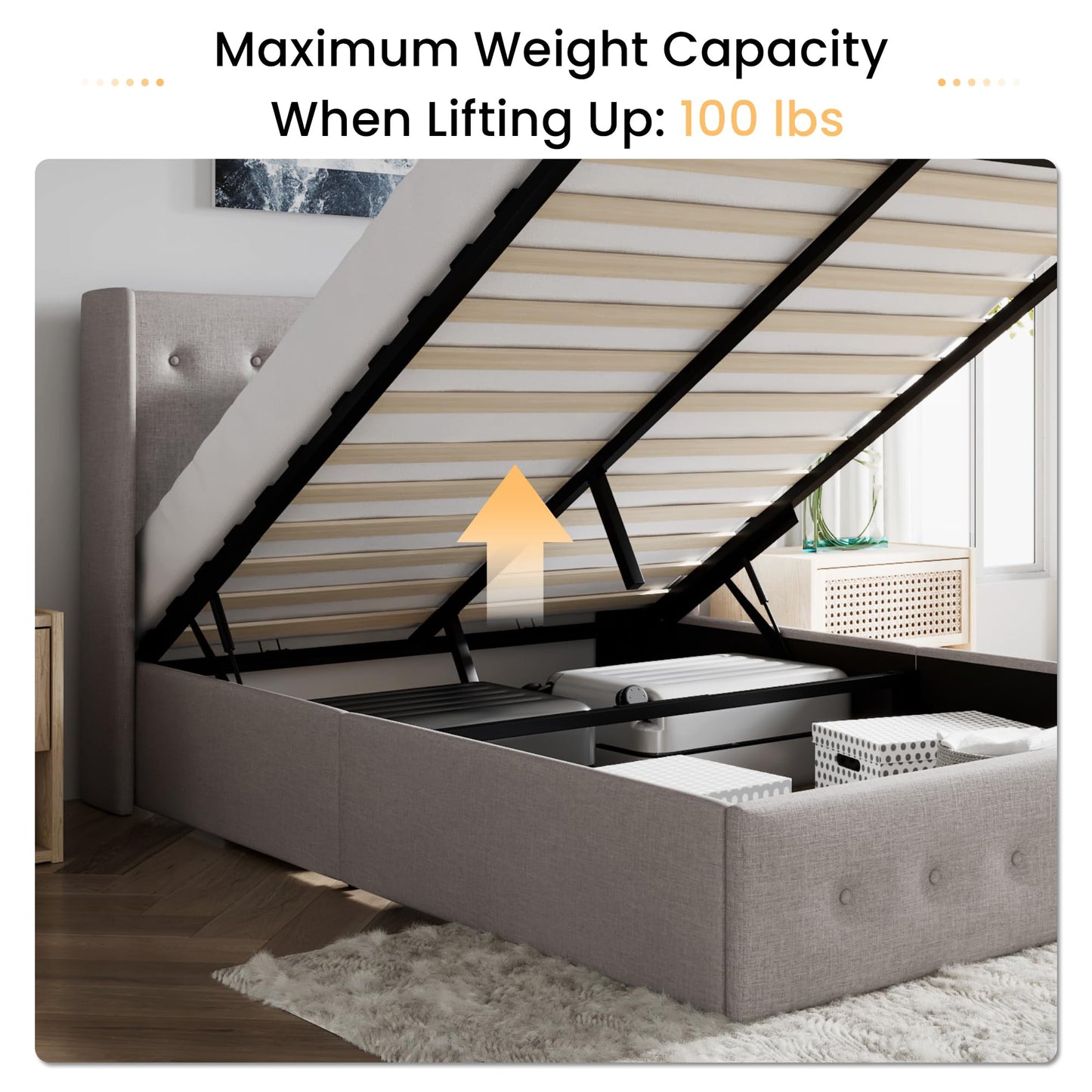 SHA CERLIN Queen Size Lift Up Storage Bed Frame,Button Tufted Wingback Headboard,Upholstered Platform,Hydraulic Storage,Wooden Slat Support,No Box Spring,Light Beige