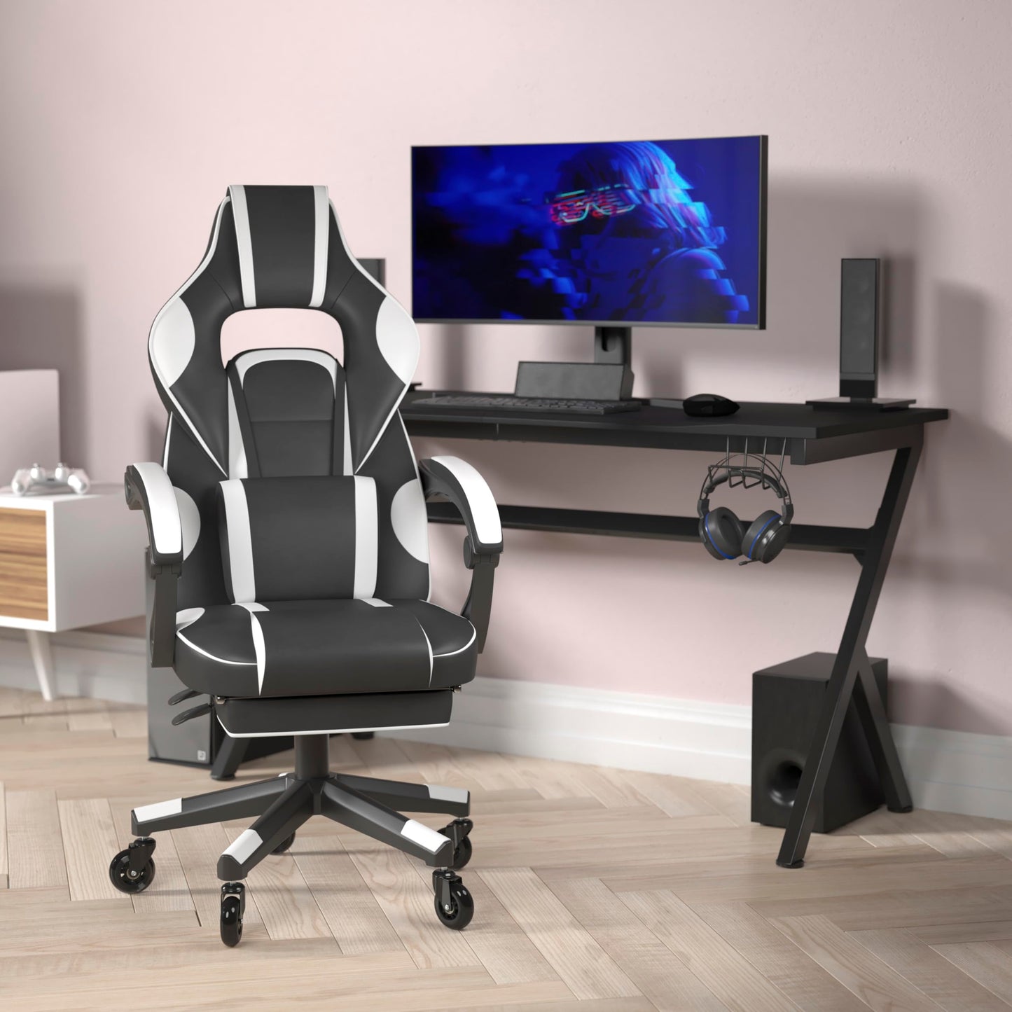 Flash Furniture X40 Gaming Chair Racing Computer Chair with Fully Reclining Back/Arms and Transparent Roller Wheels, Slide-Out Footrest, - White