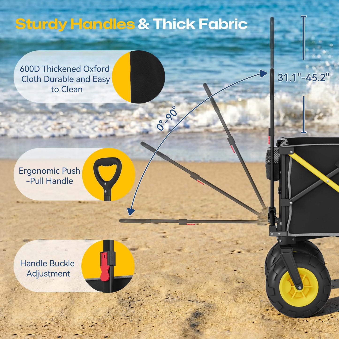 VELUVIA Beach Wagon with Balloon Wheels for Sand - 450LBS Heavy Duty Foldable All Terrain Wagon with 9" Balloon Tires- Collapsible Beach Dolly with Adjustable Handle & Cooler Bag for Beach - Black