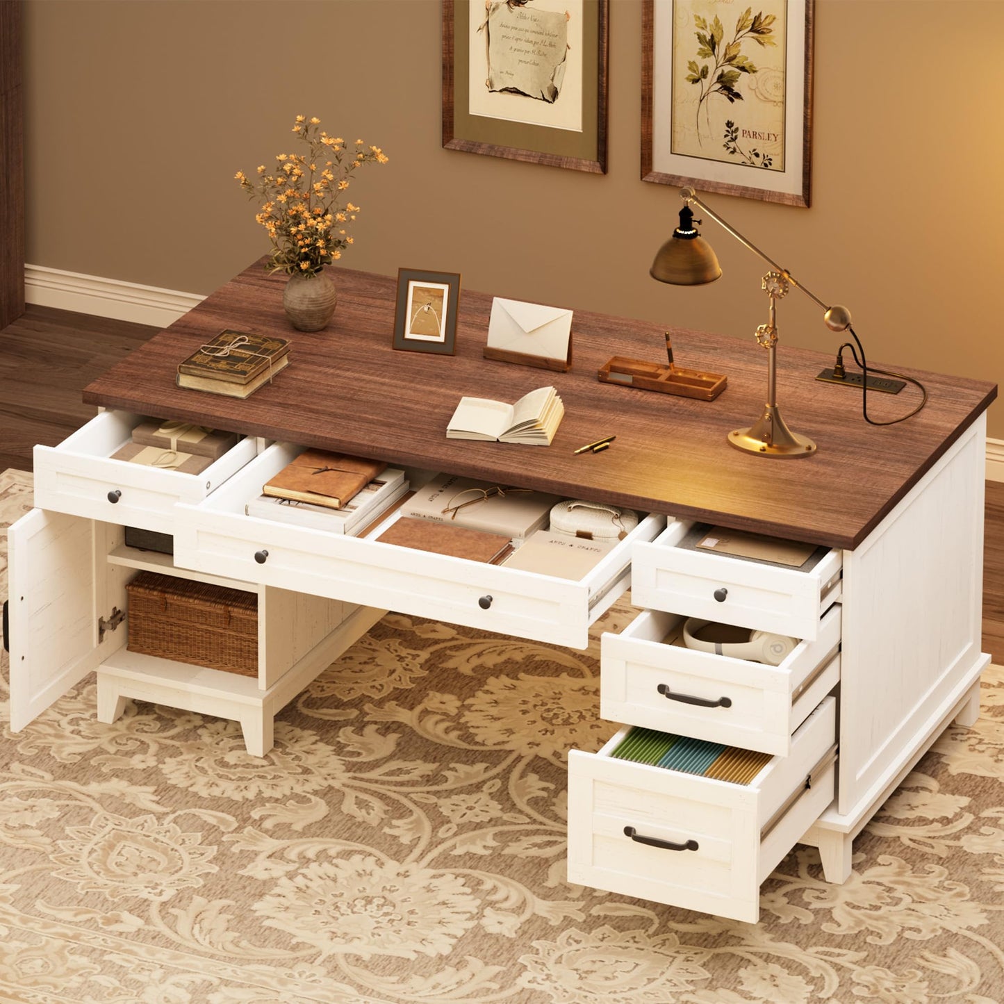 GAOMON 60in Wooden Executive Desk with 5 Drawers, Office Desk Computer Table with Charging Station, Farmhouse Home Office Desk with File Cabinet Storage, for Study and Home Office, White Walunt