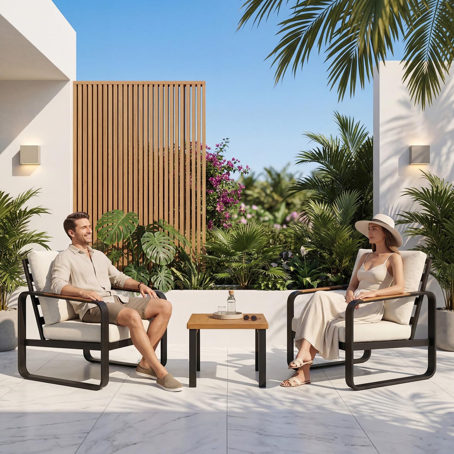 Tribesigns 3-Piece Outdoor Patio Furniture Set with 2 Armchairs & 1 Side Table, Black Metal Frame with 6'' Thick Cuushions, Modern Outdoor Conversation Set for Porch, Deck, Backyard, Beige