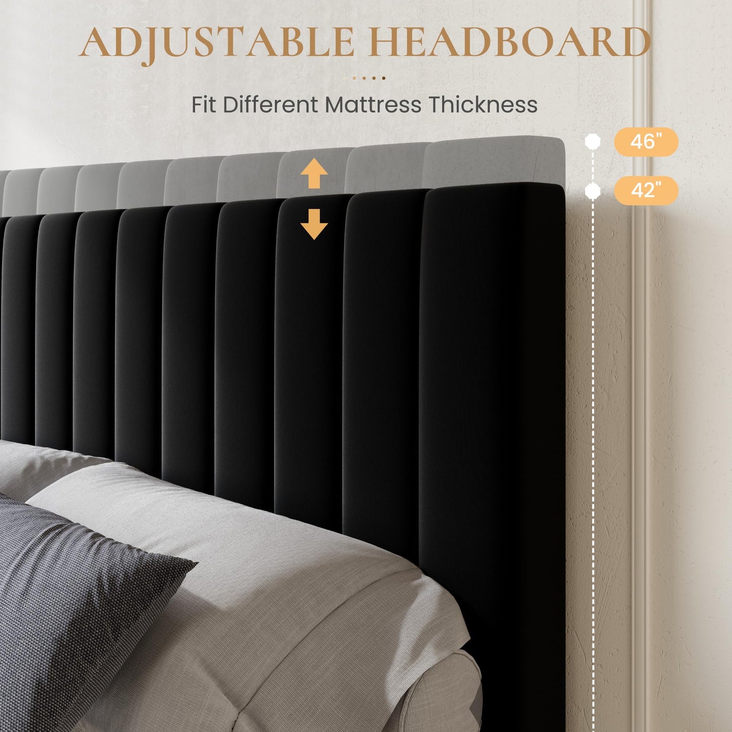 SHA CERLIN Queen Size Platform Bed Frame with 4 Storage Drawers, Vertical Channel Tufted Adjustable Headboard, Velvet Upholstered, Wooden Slats Support, No Box Spring Needed, Easy Assembly, Black