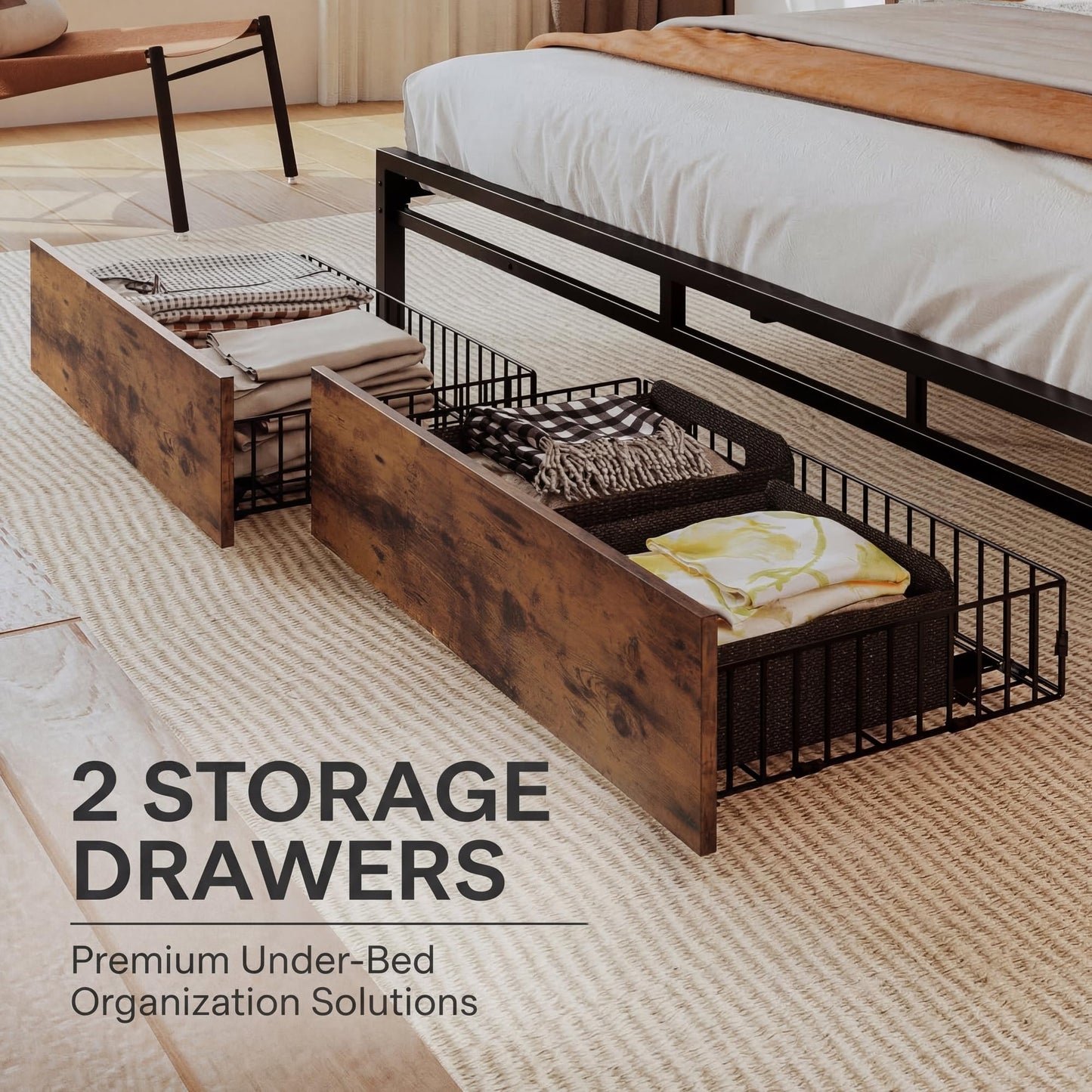 LIKIMIO King Size Bed Frame with Storage Headboard, Platform King Bed with 2 Drawers and Charging Station, Heavy-Duty Metal Slats, No Box Spring Needed, Easy Assembly, Retro Brown
