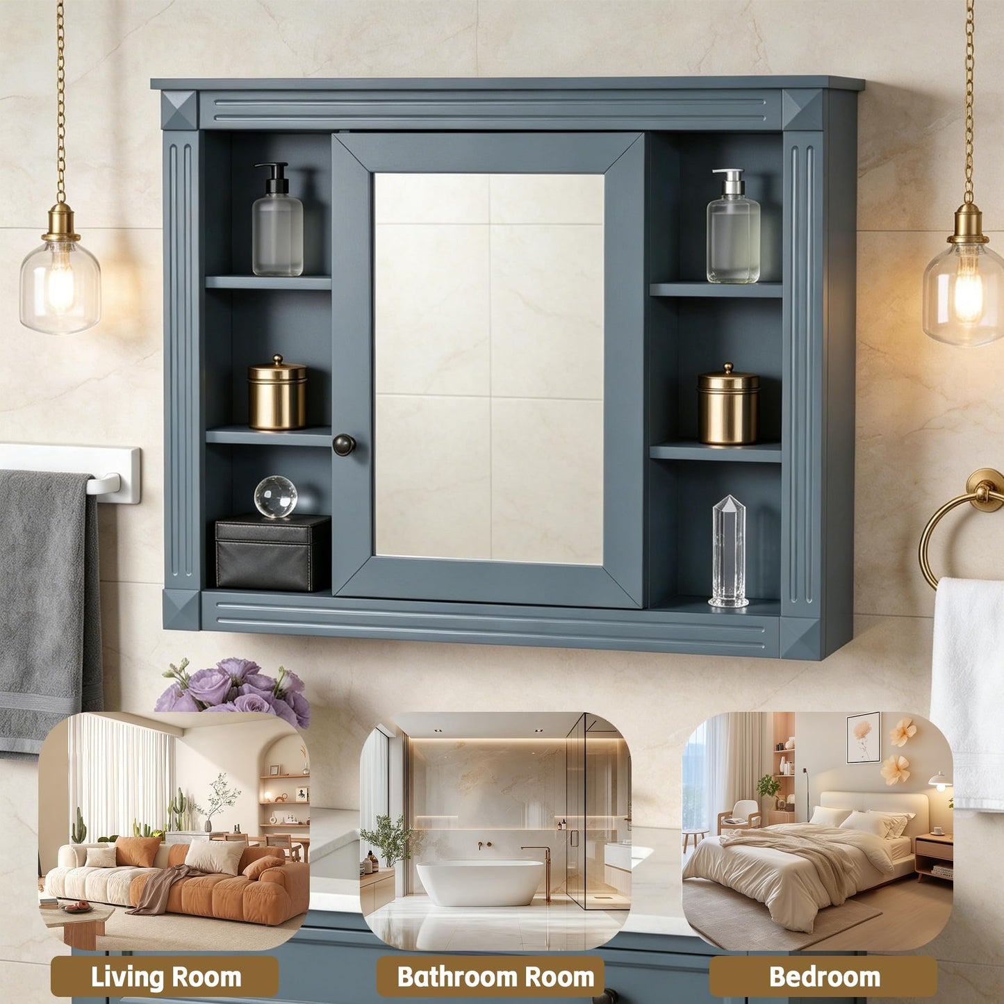 NBEETISM 35 Inch Medicine Cabinet with Mirror, Wall Mount Bathroom Storage Cabinet, Over Toilet Organizer with Adjustable and Open Shelves for Home Decor
