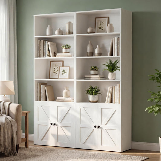 YESHOMY Farmhouse Bookshelf and Bookcase with Storage, 71.5" Tall Industrial Bookshelves and Bookcases with Doors, 4-Tier Floor Standing Tall Display Cabinet for Home Office, Living Room, White, 2 PCS
