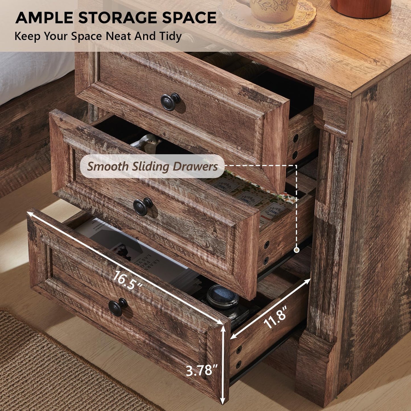 Aitjunz 26" Tall Farmhouse Nightstand, 3 Drawers End Table w/Charging Station, 23.6" Wide Large Side Table w/Roman Column, Wood Rustic Sofa Table for Bedroom, Light Brown