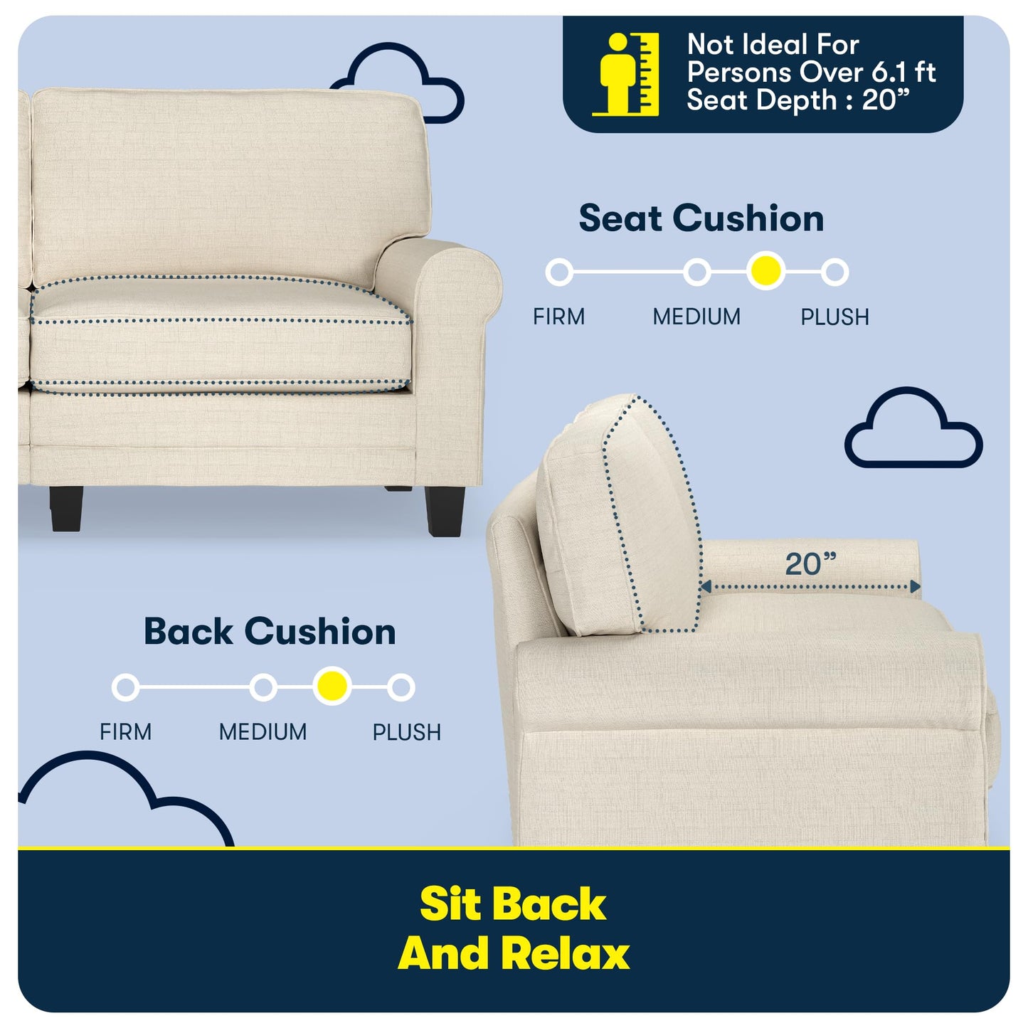 Serta Copenhagen 73" Rolled Arm Sofa, Easy Care Polyester, Soft Pillow Back, Pocket Coil Seat Cushions, Removable Covers, Loveseat or Couch for Small Spaces, Living Rooms or Bedrooms, Buttercream