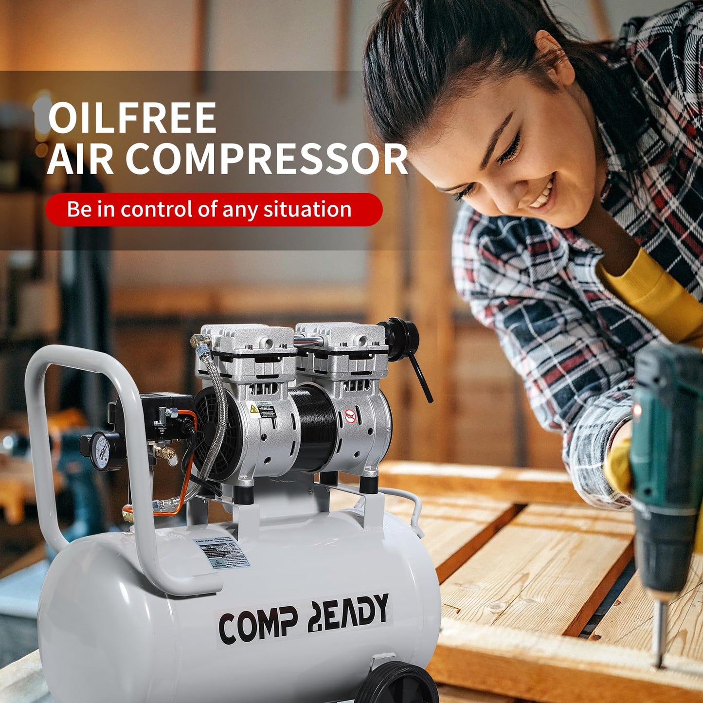 8 Gallon Portable Air Compressor 1HP 2.5 CFM@90PSI 60dB Ultra Quiet Oil Free Air Compressor Ideal for Tire Inflation Pneumatic Tool Spray Painting