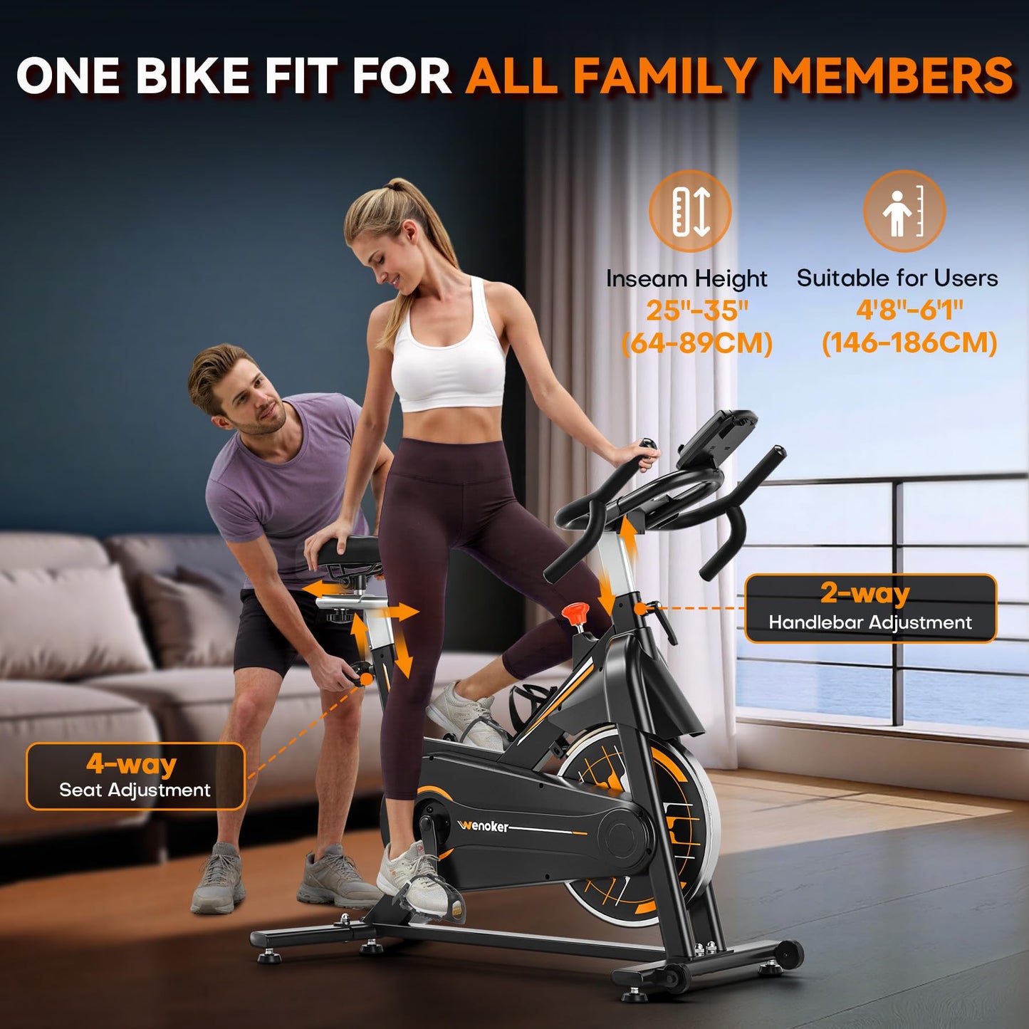 Exercise Bike, Wenoker Stationary Bike for Home, App Supported Indoor Bike with Adjustable Seat and Multi-grips Handlebar, Transport Wheels and Fitness Courses for Weight Loss