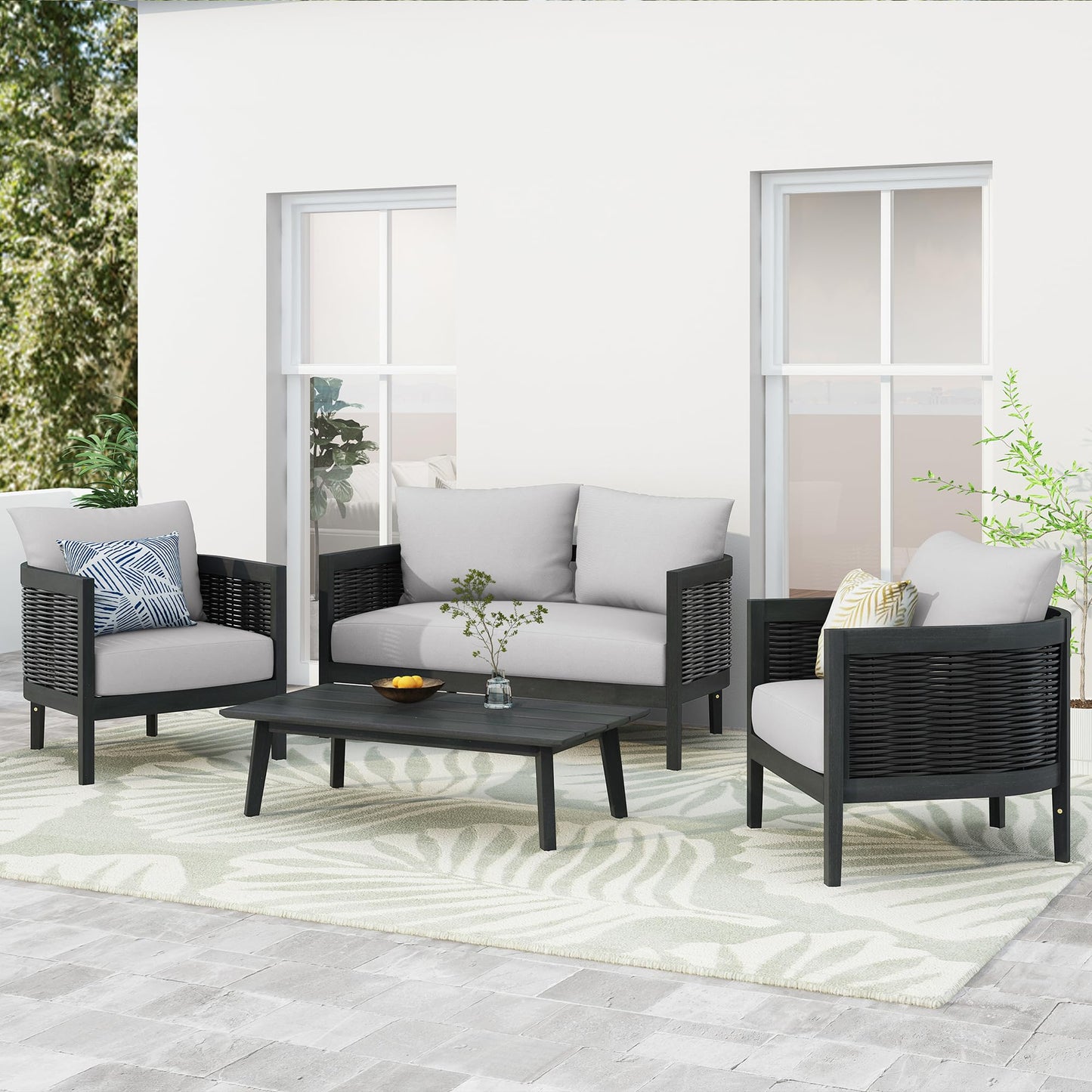 Christopher Knight Home Peron Patio 4-Seater Conversation Set, Sofa/Loveseat, 2 Club Chairs, Coffee Table, Cushion+Back Pillows, Acacia Wood+Wicker, Garden, Backyard, Poolside, Black + Light Grey