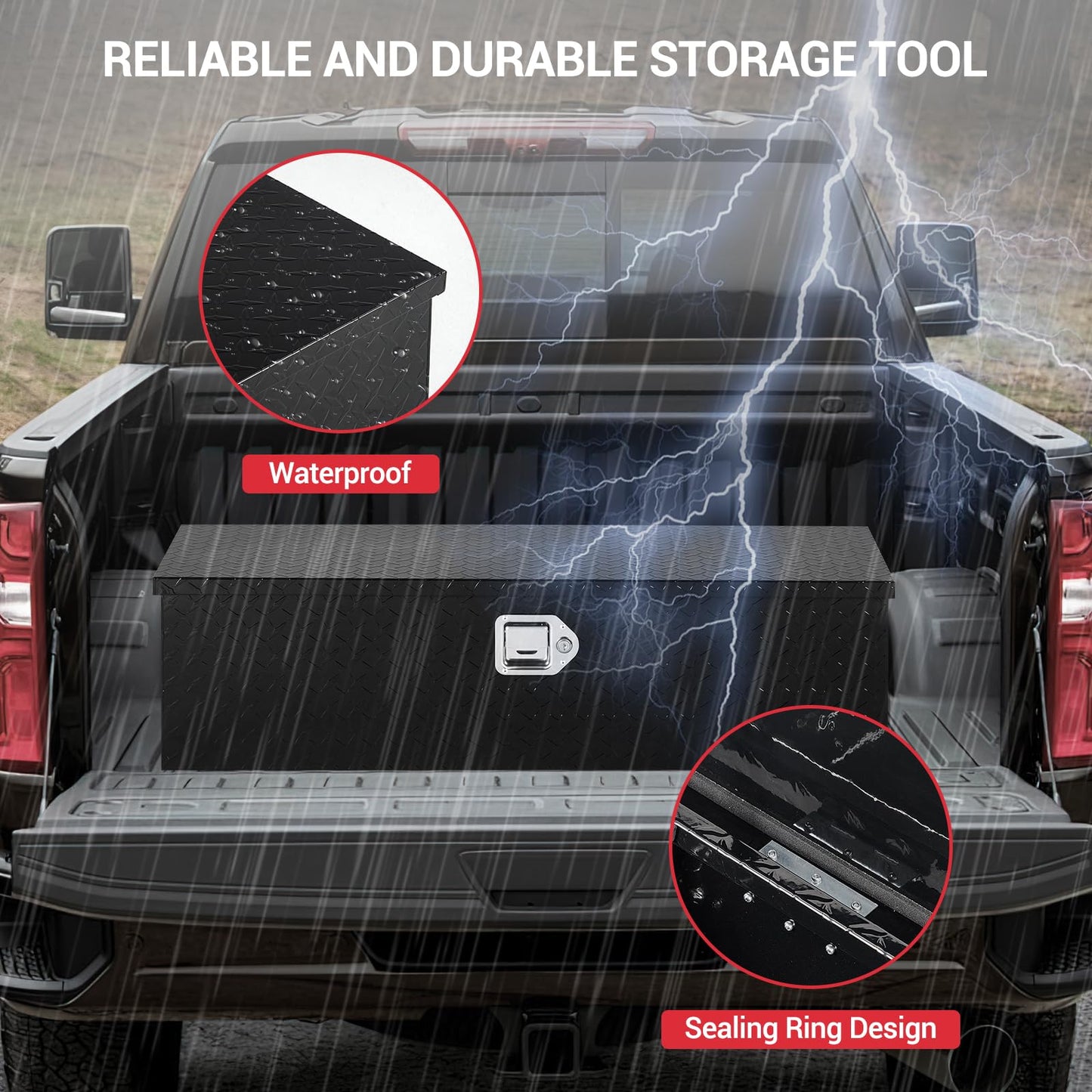 GarveeTech 48 in Aluminum Truck Tool Box, Truck Bed Storage Box with Security Lock and Wider Handles, Heavy Duty Waterproof Tool Boxes Organizer Chest for Pick Up Truck Rv Trailer,Black