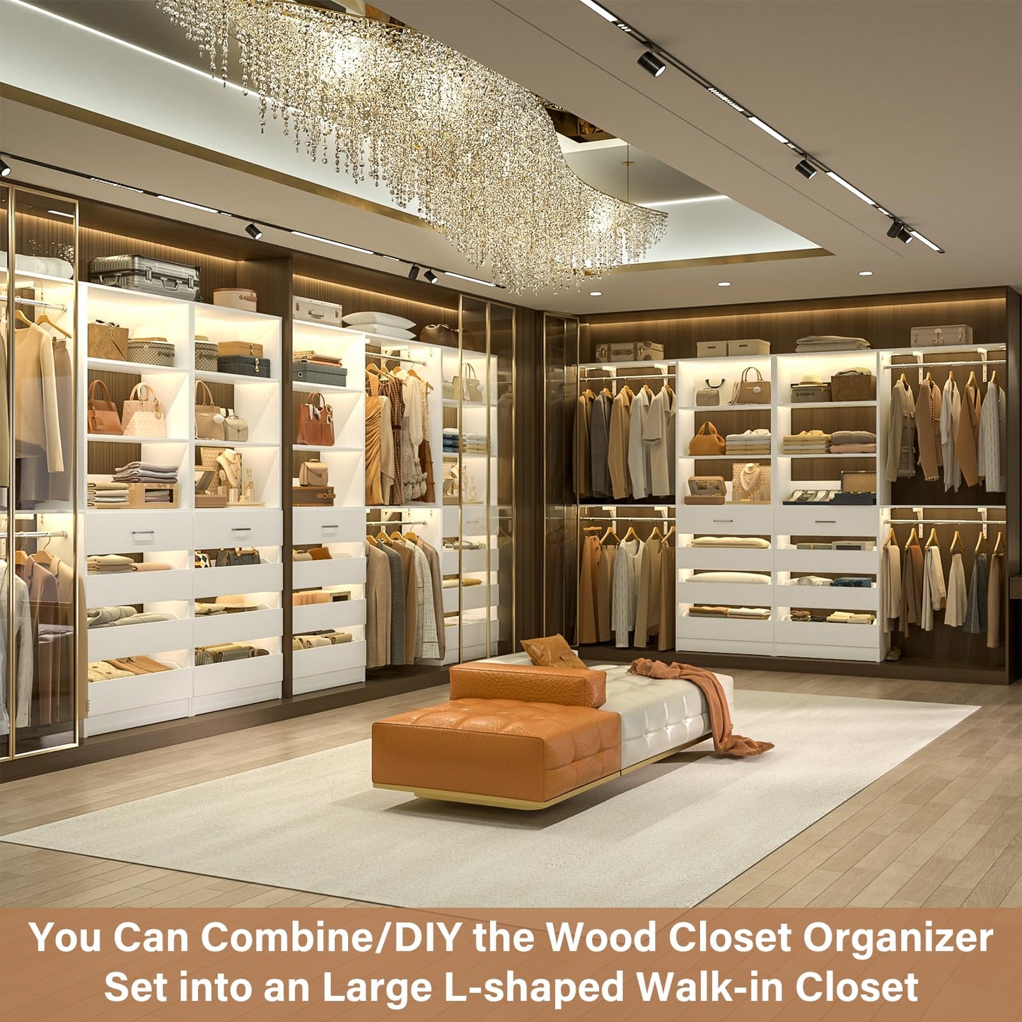 Aheaplus Closet System with 8 Wooden Drawers, Wood Closet Organizer System with Tower, Walk-in Closet Organizer Wardrobe Clothes Rack with 4 Hanging Rods, Garment Rack, Cut to Fit 7-12Ft, White