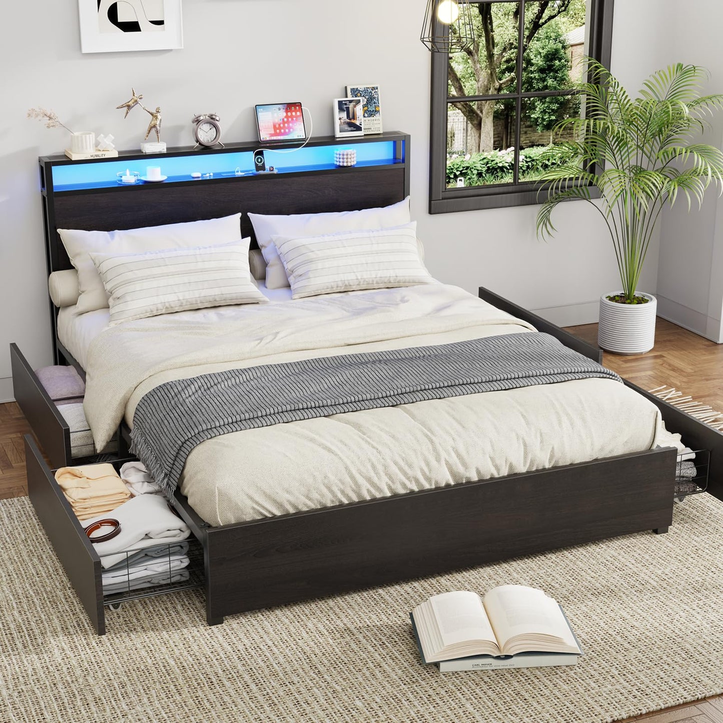 Kiivakii Queen Size Bed Frame with 4 Storage Drawers, LED Platform Bed with Headboard, Built in Charging Station, Noise-Free, Metal Support Base, No Box Spring Needed, Black