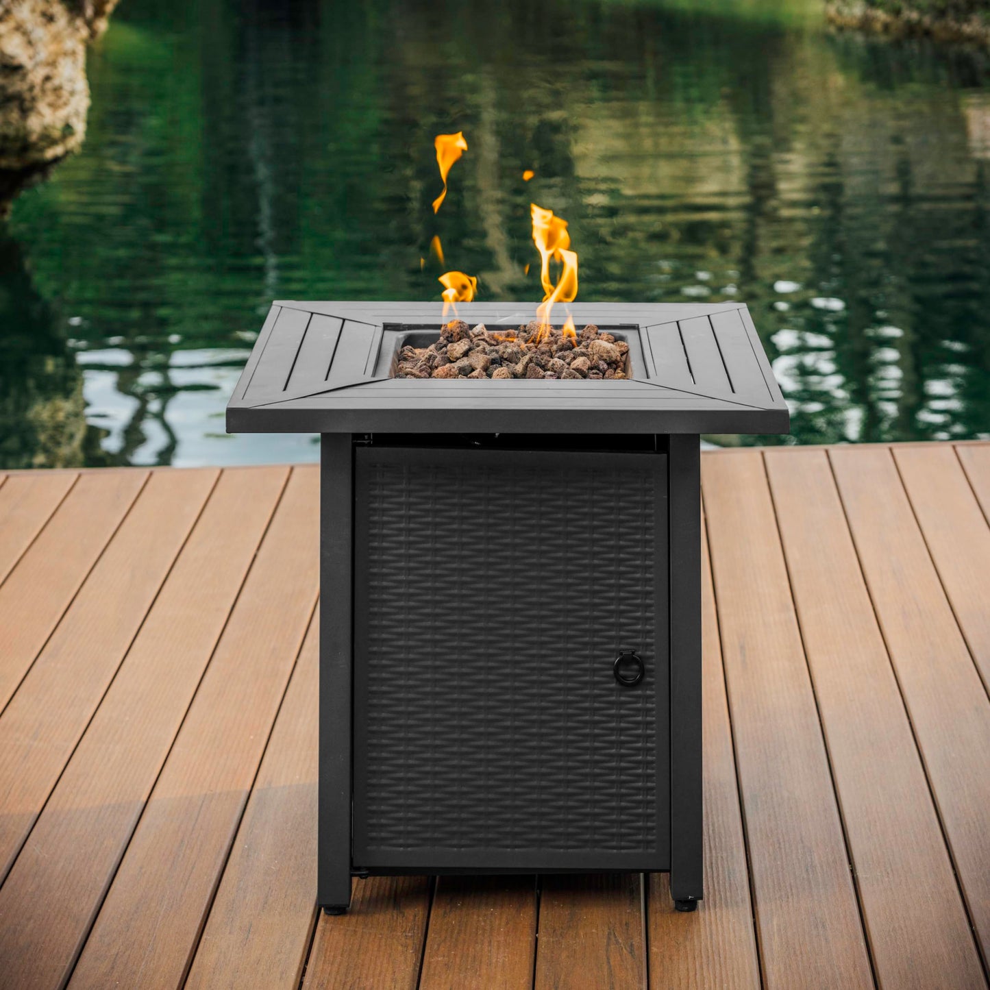 Nestl 28 Inch Fire Pit for Outdoor - 40,000 BTU Outdoor Propane Fire Pit Table with Lid, Rain Cover & Lava Rocks - Patio Fire Pit Table for Backyard Gatherings - Grey