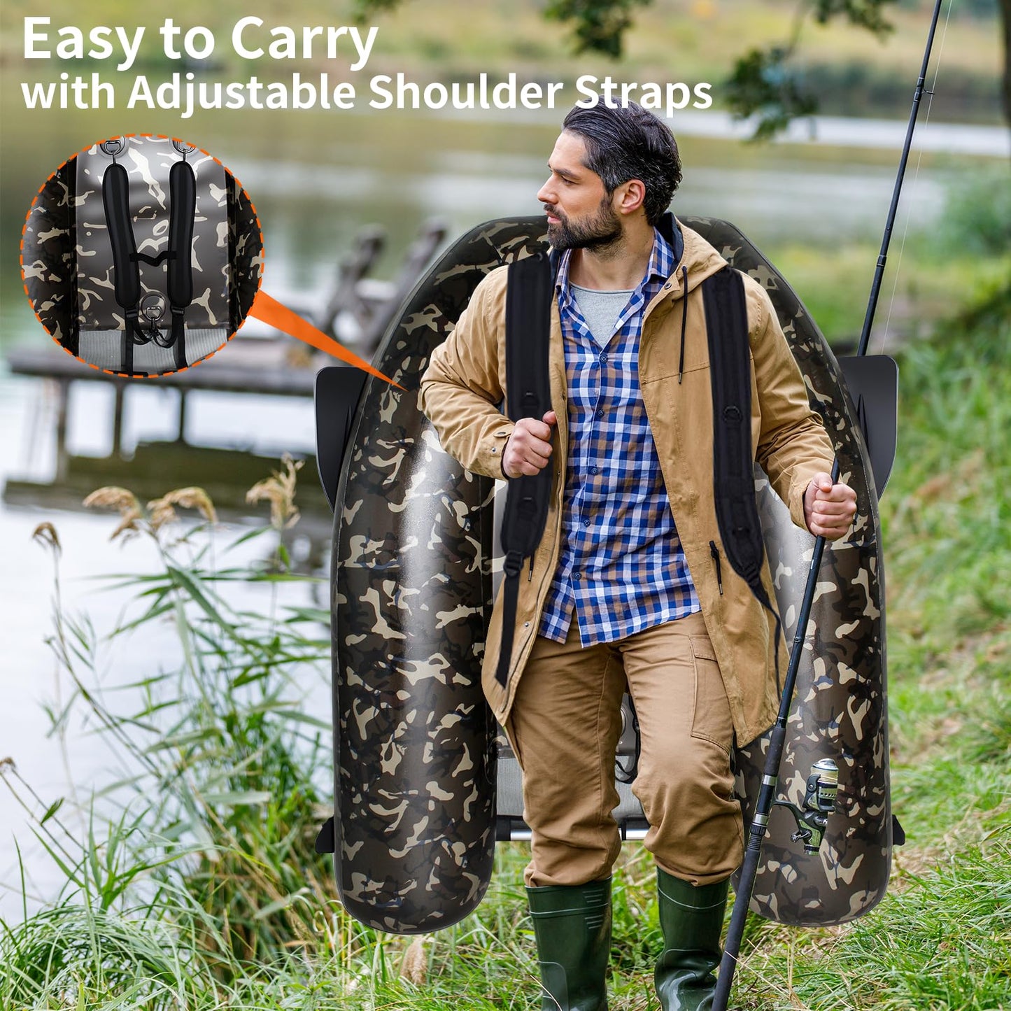 Xproutdoor Fishing Float Tube, Belly Boat Fishing with Pump, Fish Ruler, Adjustable Straps, Storage Pockets, 2 Oars, 2 Rod Holders, Motor Bracket Inflatable Float Tube for 330 LBS Load Capacity