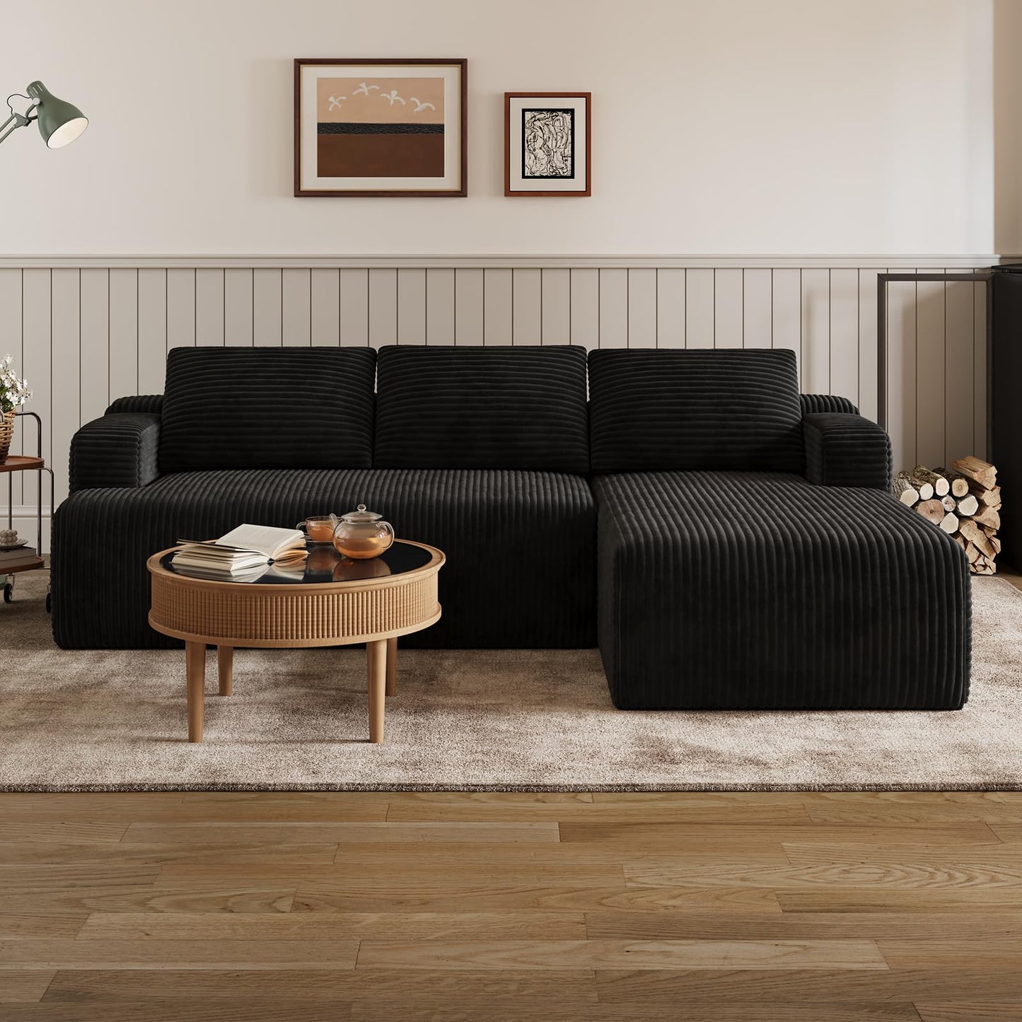 Novilla L-Shape Sectional Couches for Living Room with Smarts Coil® Support, 3 Seater Sectional Sofas for Living Room Bedroom, Corduroy Cloud Couch Sectional, No Assembly(Black, Right Hand Facing)