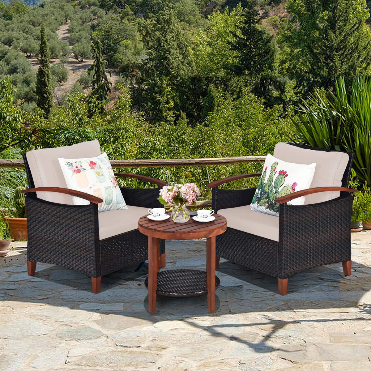 HAPPYGRILL 3 Pieces Patio Conversation Set Outdoor Rattan Wicker Sofa Set with Cushion & Acacia Wood Frame, Coffee Table and Chairs Set for Garden Poolside Balcony
