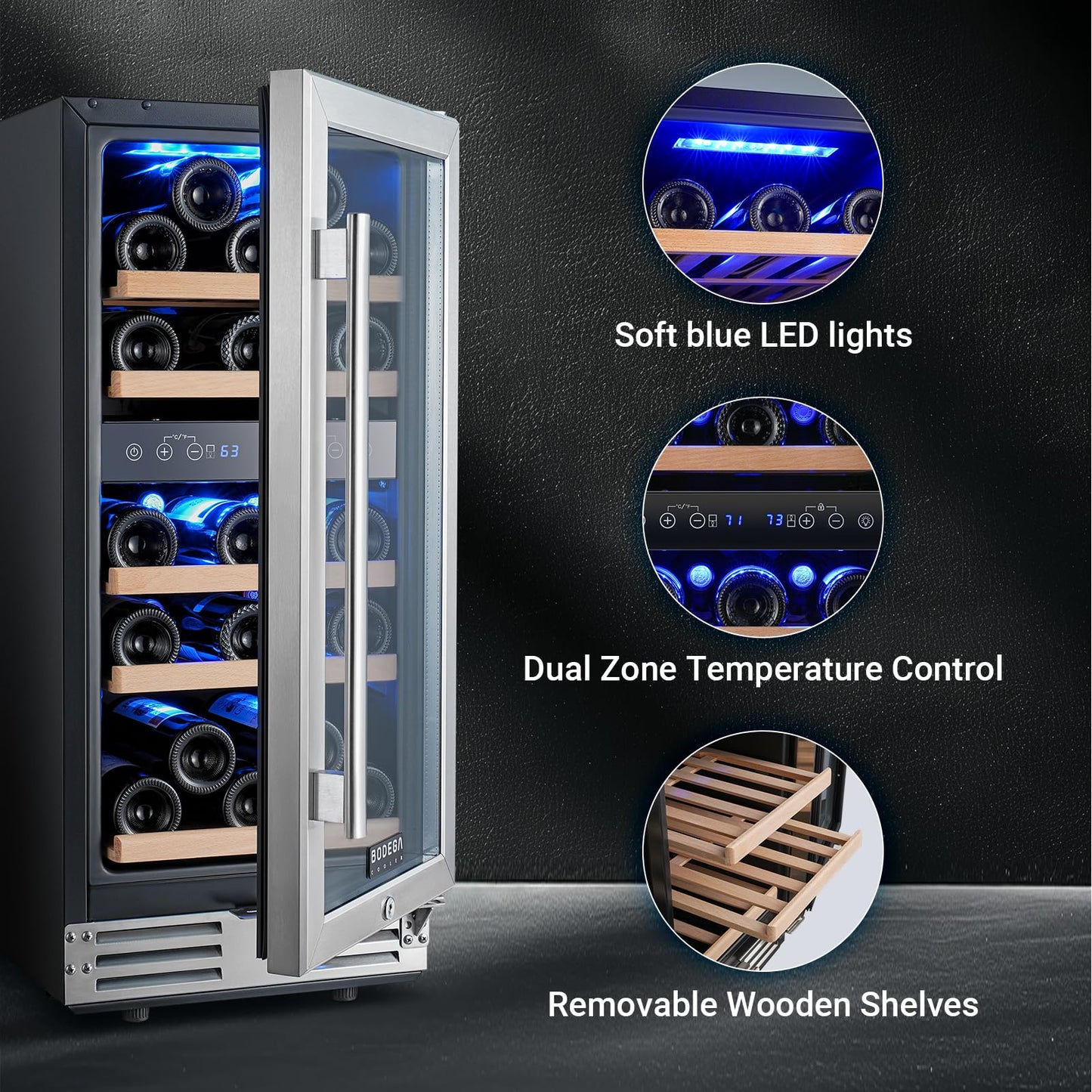 BODEGA 15 Inch Dual Zone Wine Fridge, 30 Bottle, Black 15” Wine Cooler Under Counter For Home and Kitchen, With Double-Layer Glass Door, Wine Refrigerators Free standing with Temperature Control.